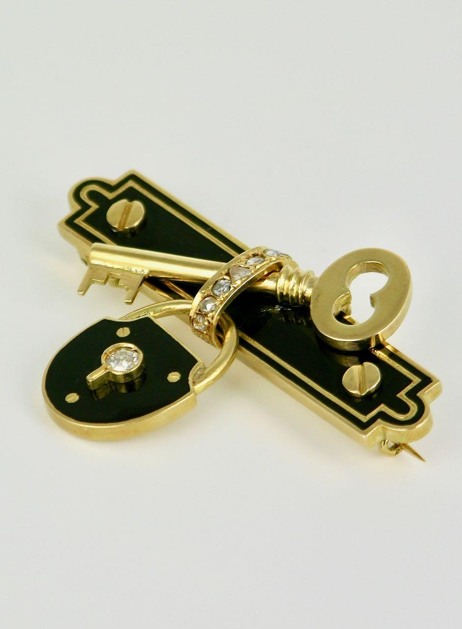Rose Cut Antique 15 Karat Gold Diamond and Black Enamel Lock and Key Brooch Pin, 1880s For Sale