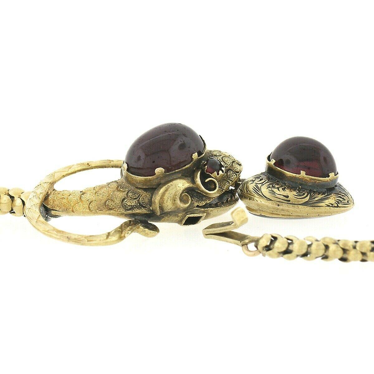 Antique 18K Gold Hand Engraved Graduated Link Garnet Snake Mourning Necklace 1