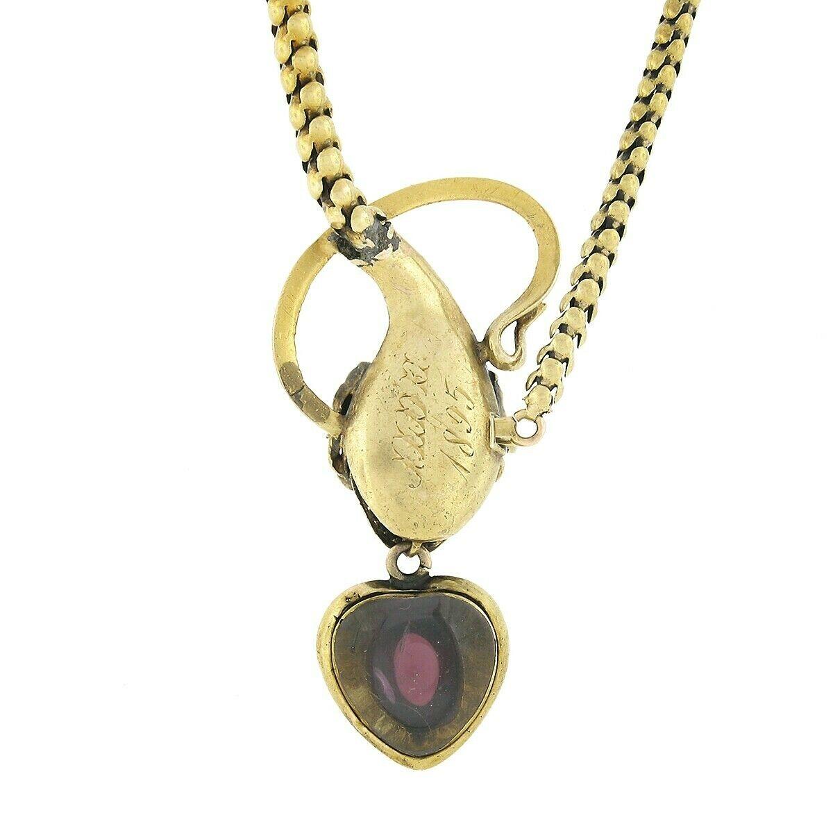 Women's Antique 18K Gold Hand Engraved Graduated Link Garnet Snake Mourning Necklace