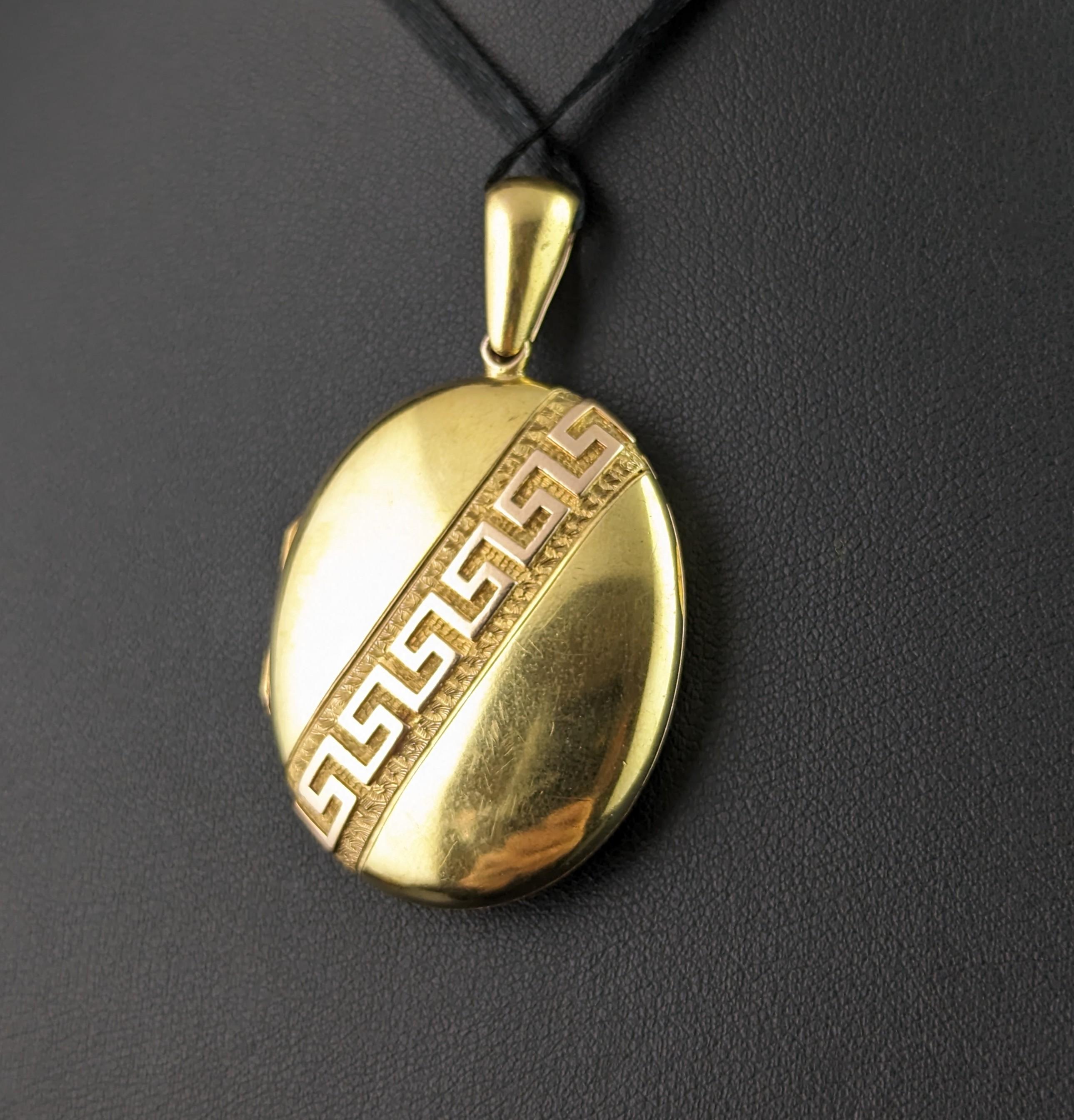Women's Antique 15k gold locket pendant, Greek key, Victorian  For Sale