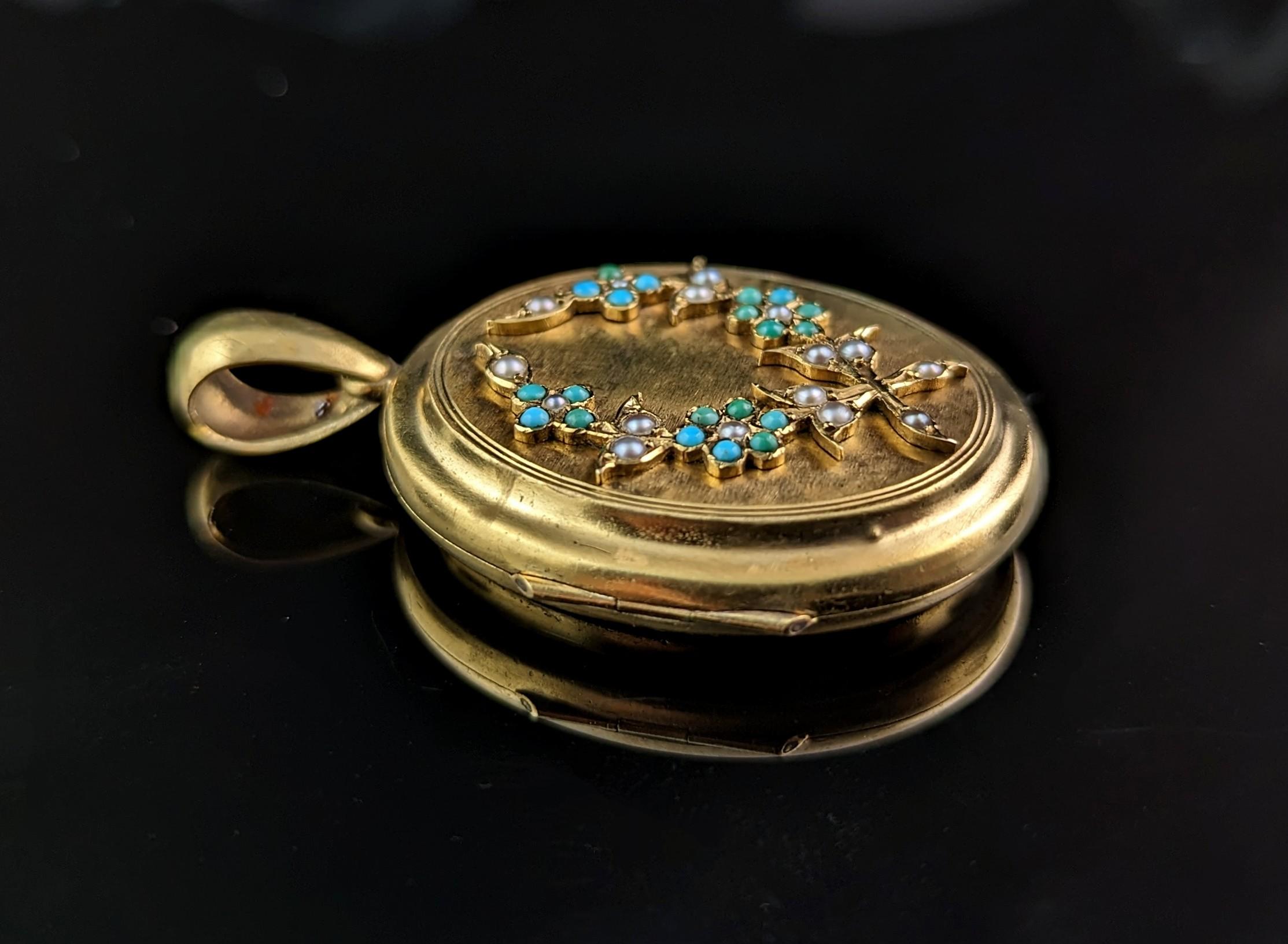 Médaillon ancien en or 15 carats, turquoise et perle, portrait, « Forget me not »  en vente 4