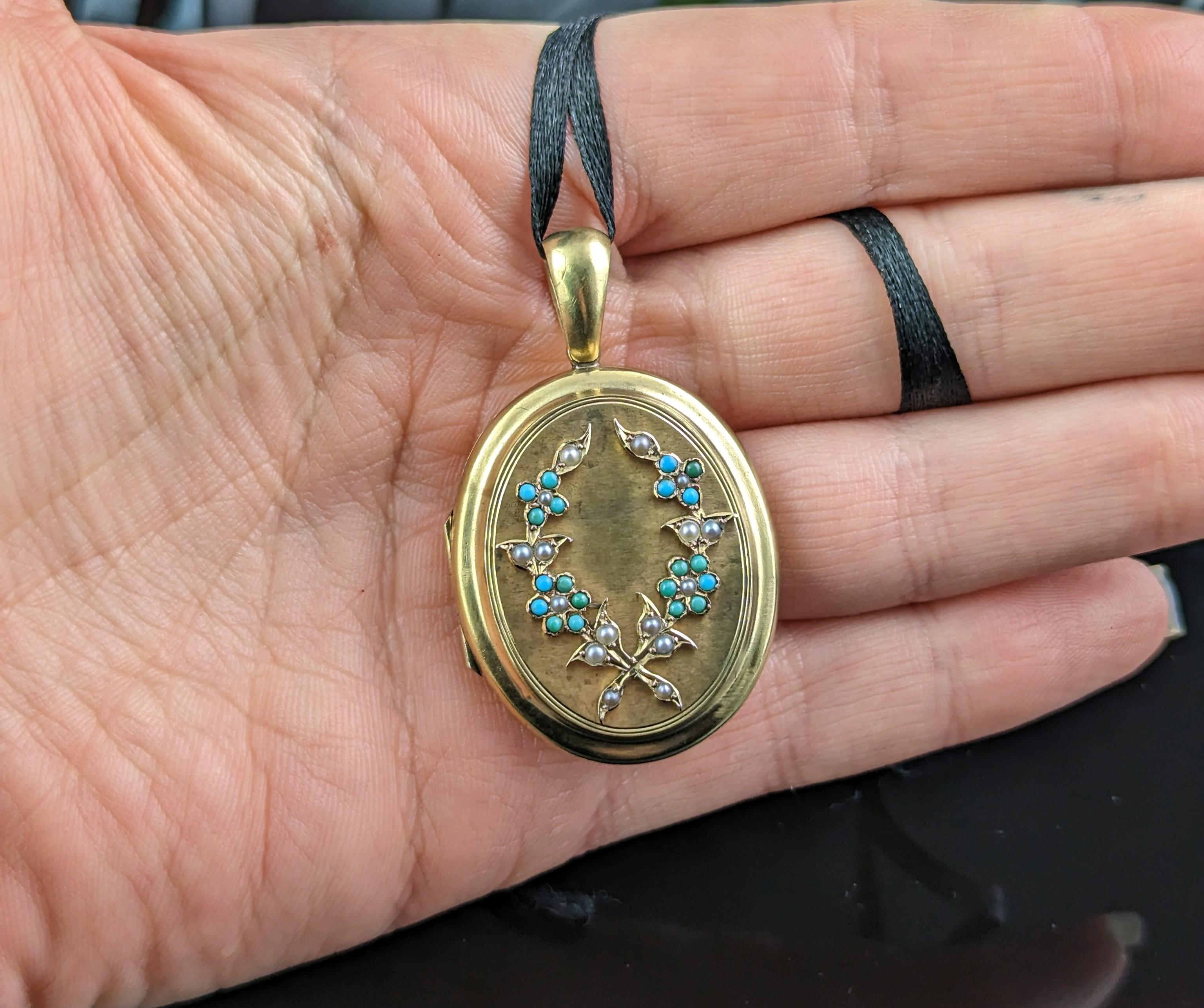 Victorian Antique 15k Gold Locket, Turquoise and Pearl, Portrait, Forget Me Not For Sale