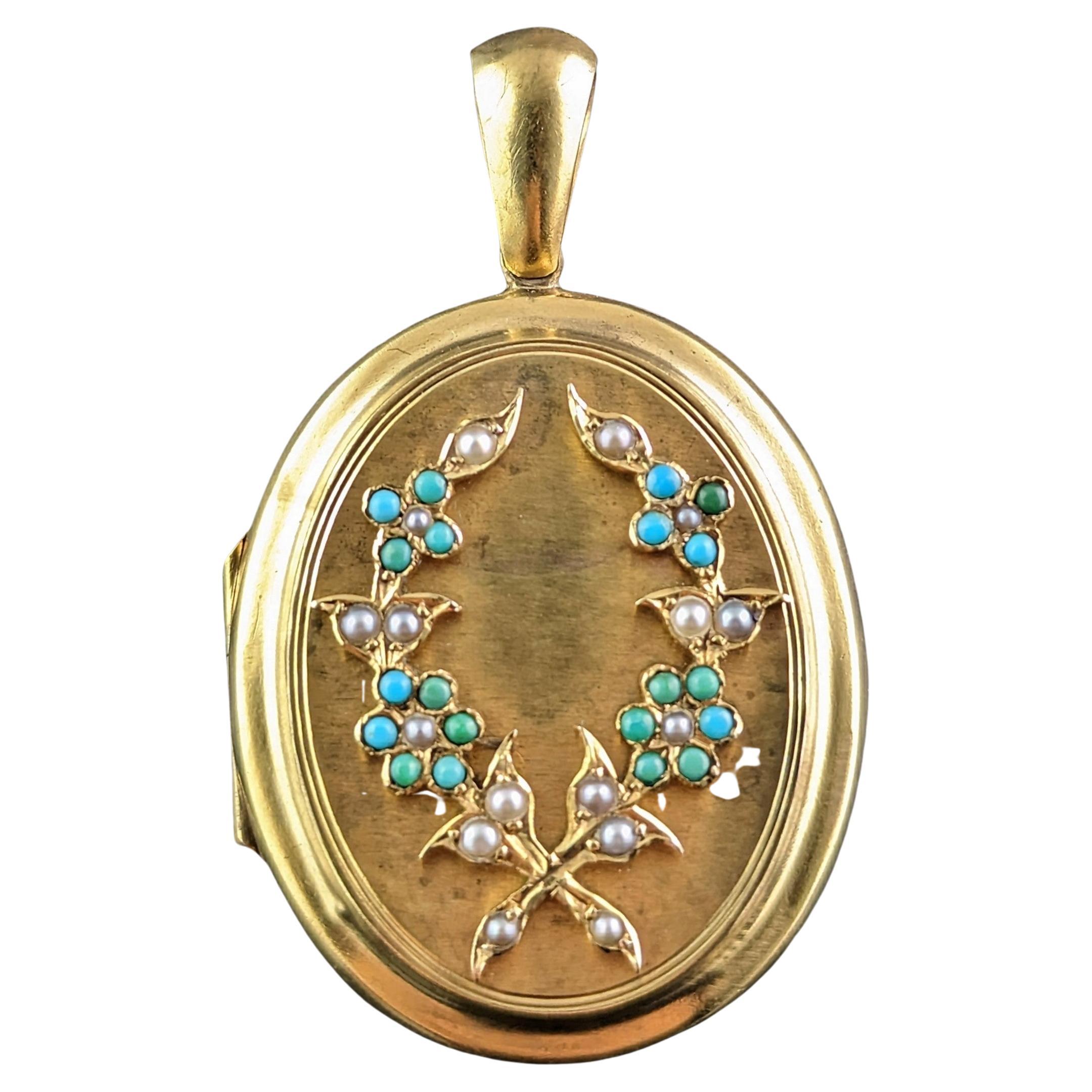 Antique 15k Gold Locket, Turquoise and Pearl, Portrait, Forget Me Not For Sale