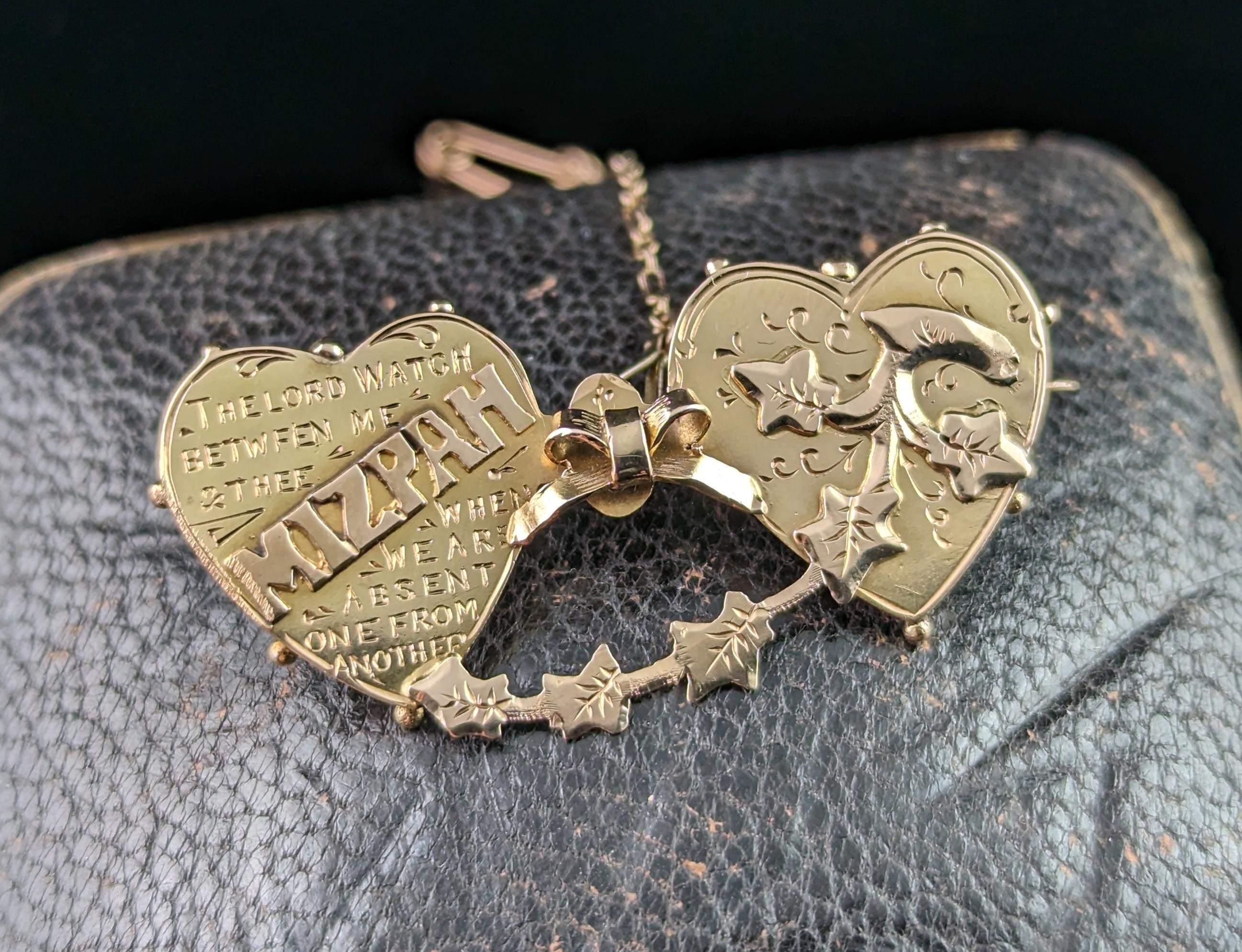 Antique 15k Gold Mizpah Brooch, Double Hearts, Victorian In Good Condition In NEWARK, GB