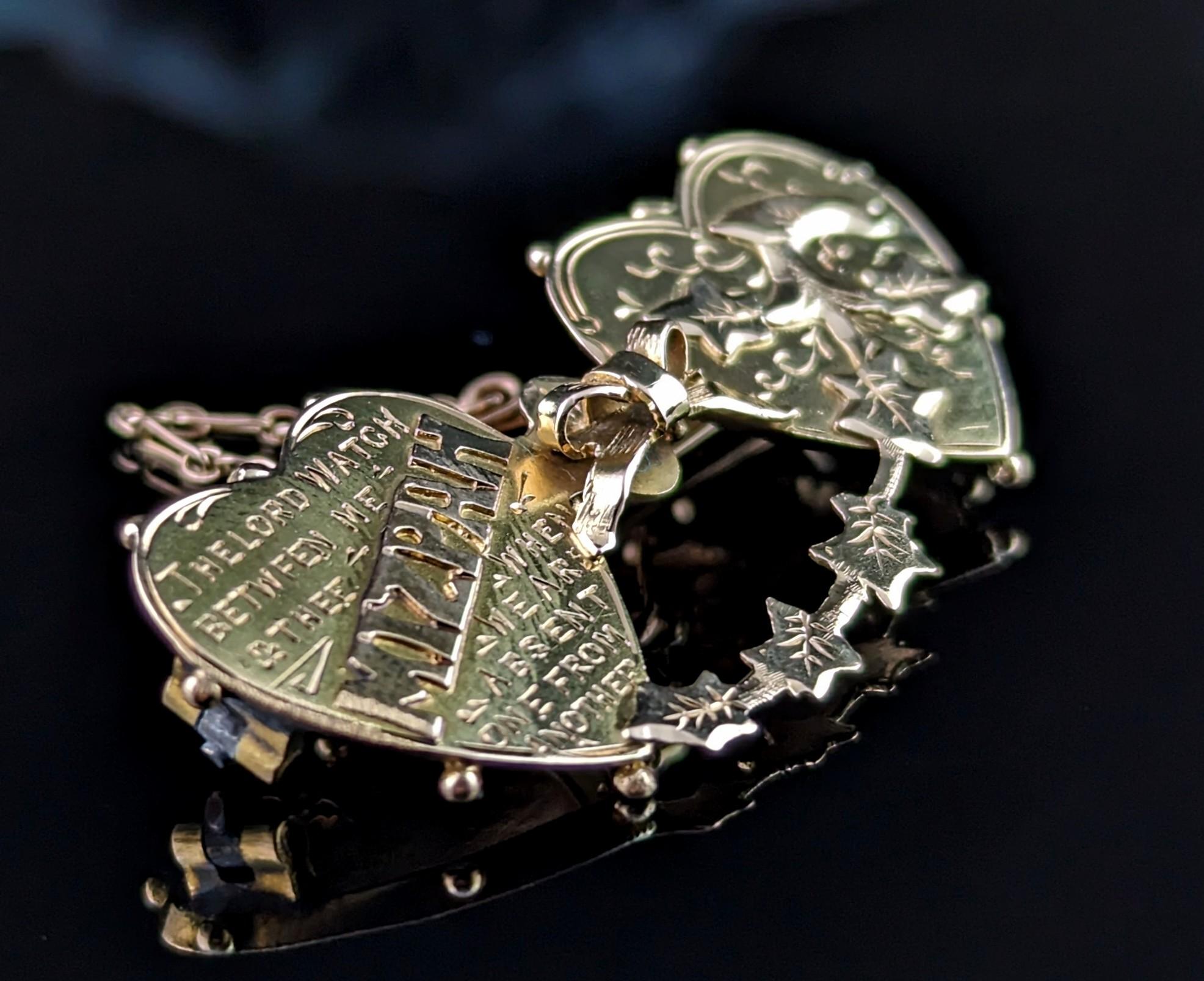 Women's or Men's Antique 15k Gold Mizpah Brooch, Double Hearts, Victorian