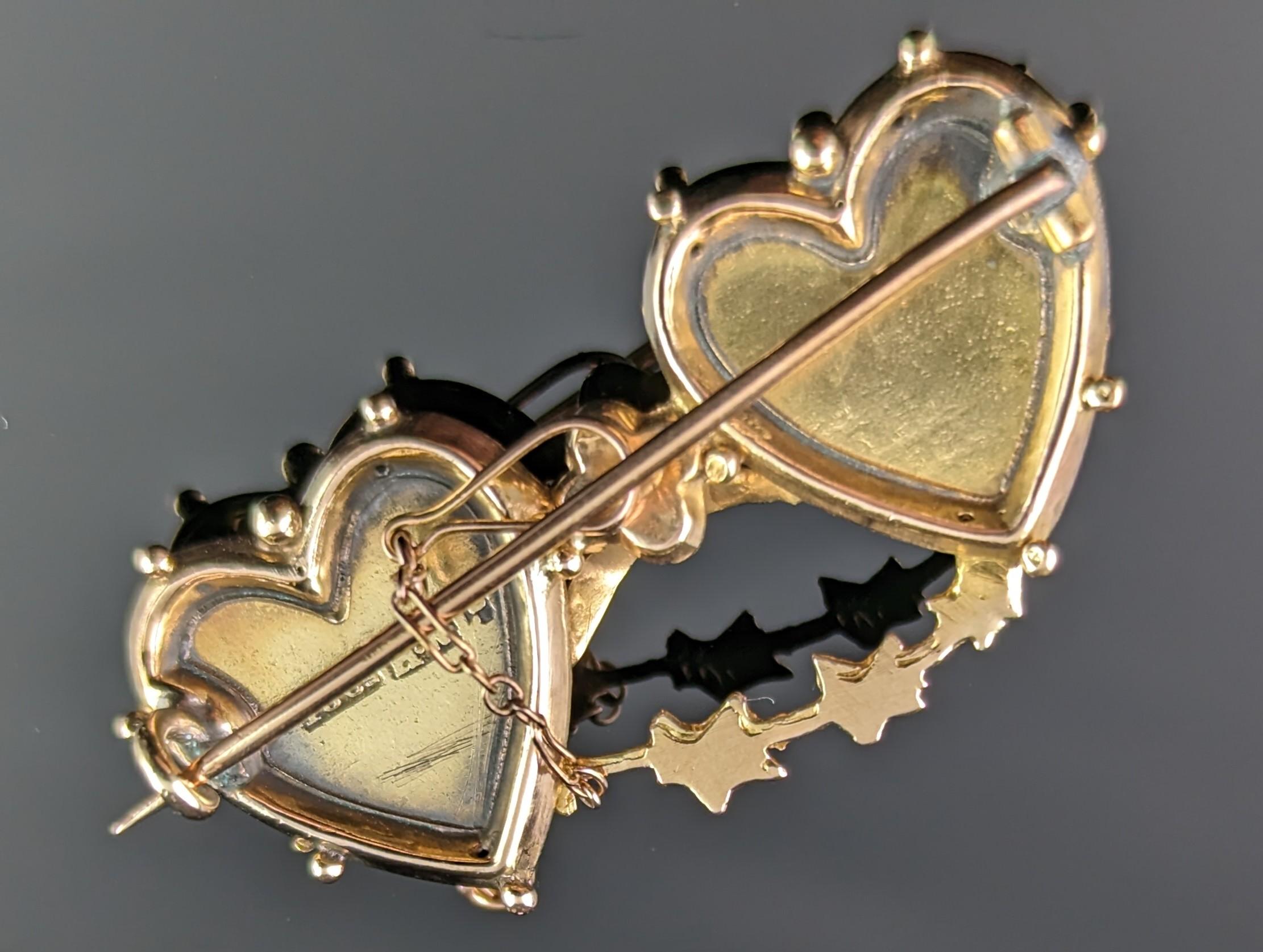 Antique 15k Gold Mizpah Brooch, Double Hearts, Victorian 1