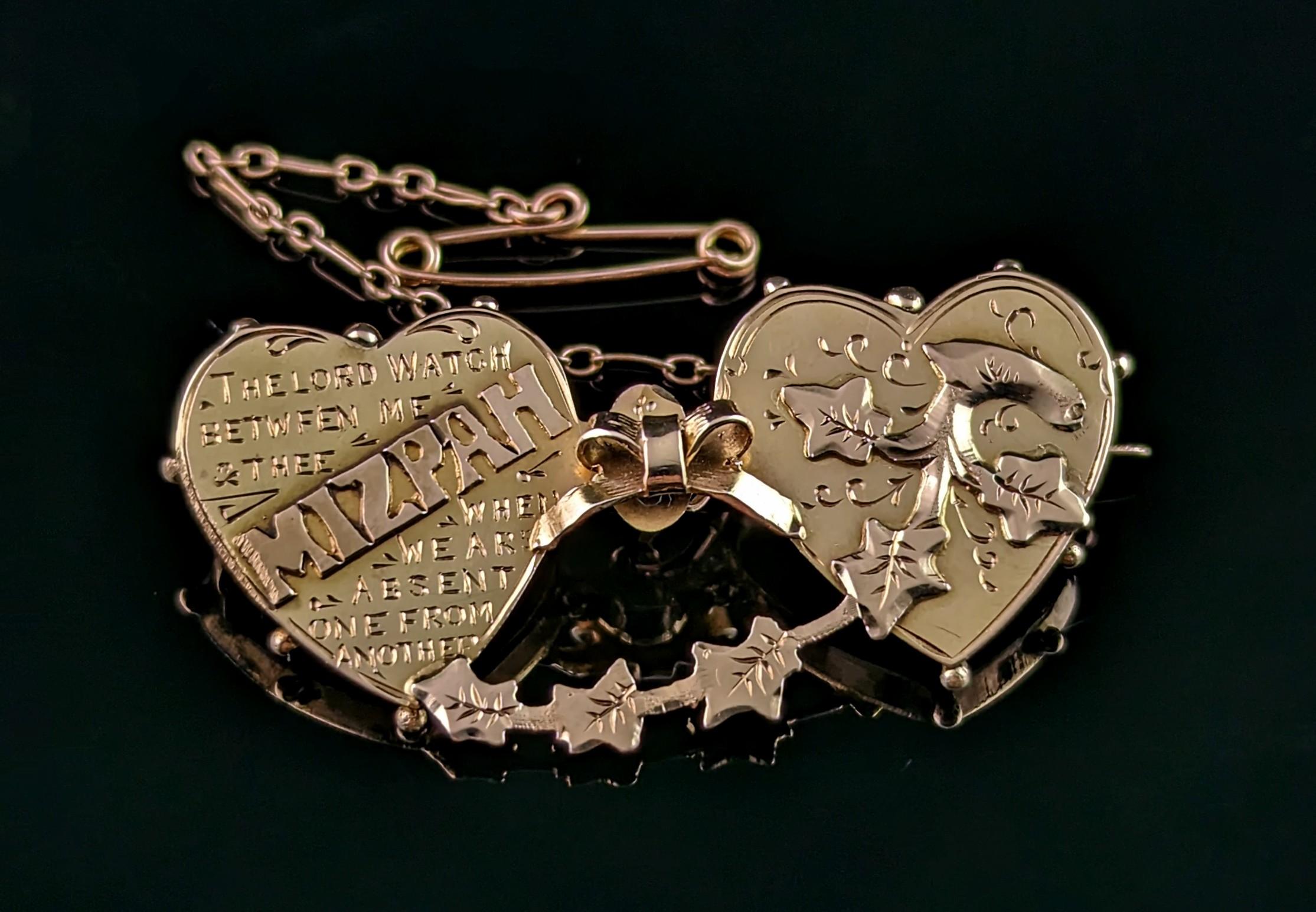 Antique 15k Gold Mizpah Brooch, Double Hearts, Victorian 2