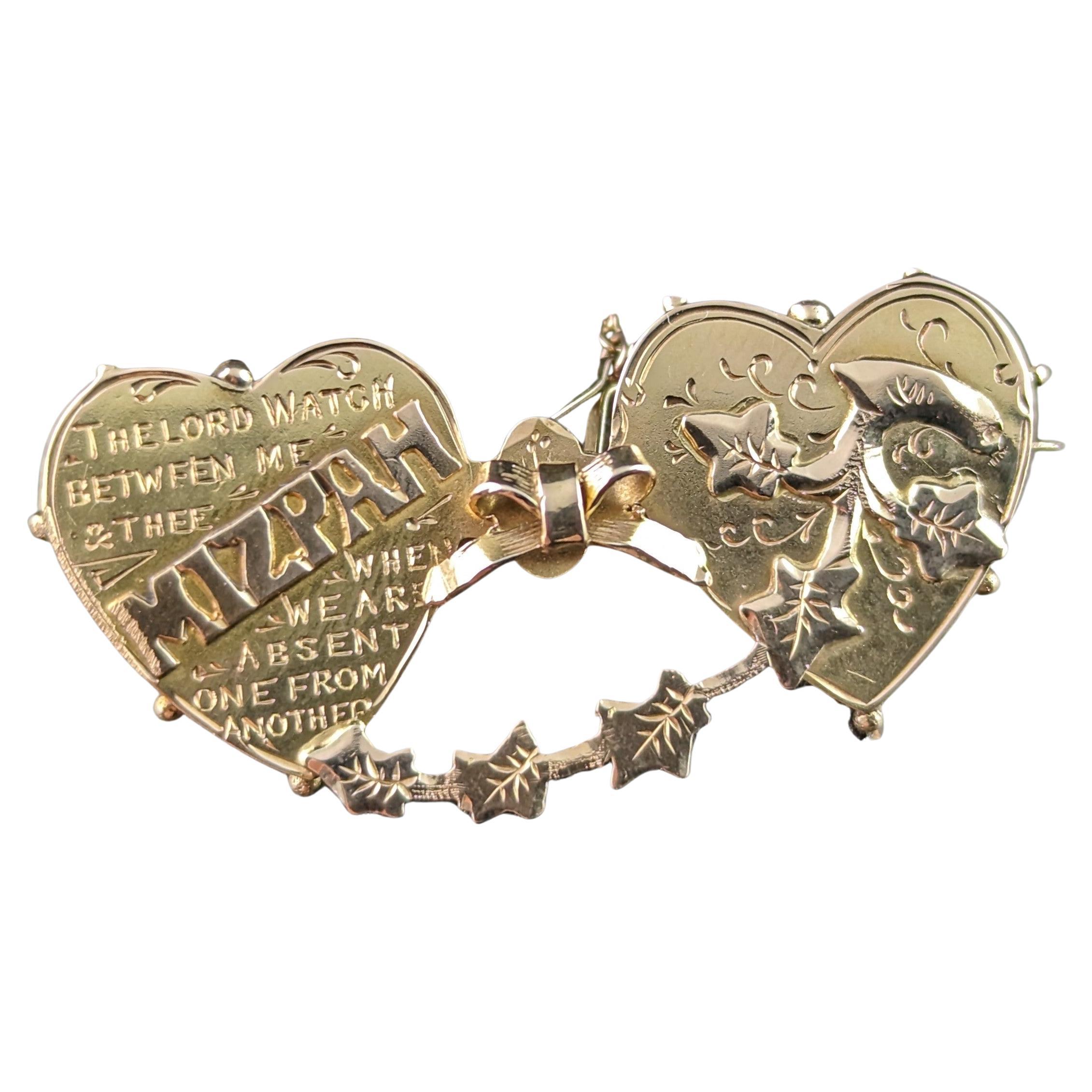 Antique 15k Gold Mizpah Brooch, Double Hearts, Victorian