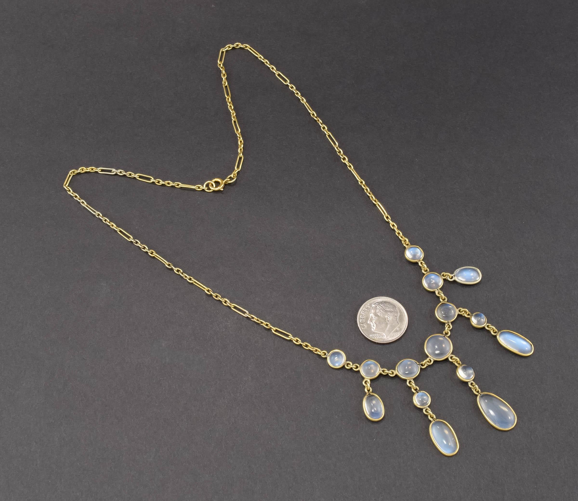 Cabochon Antique 15K Gold Moonstone Drop Necklace with Fancy Link Chain For Sale