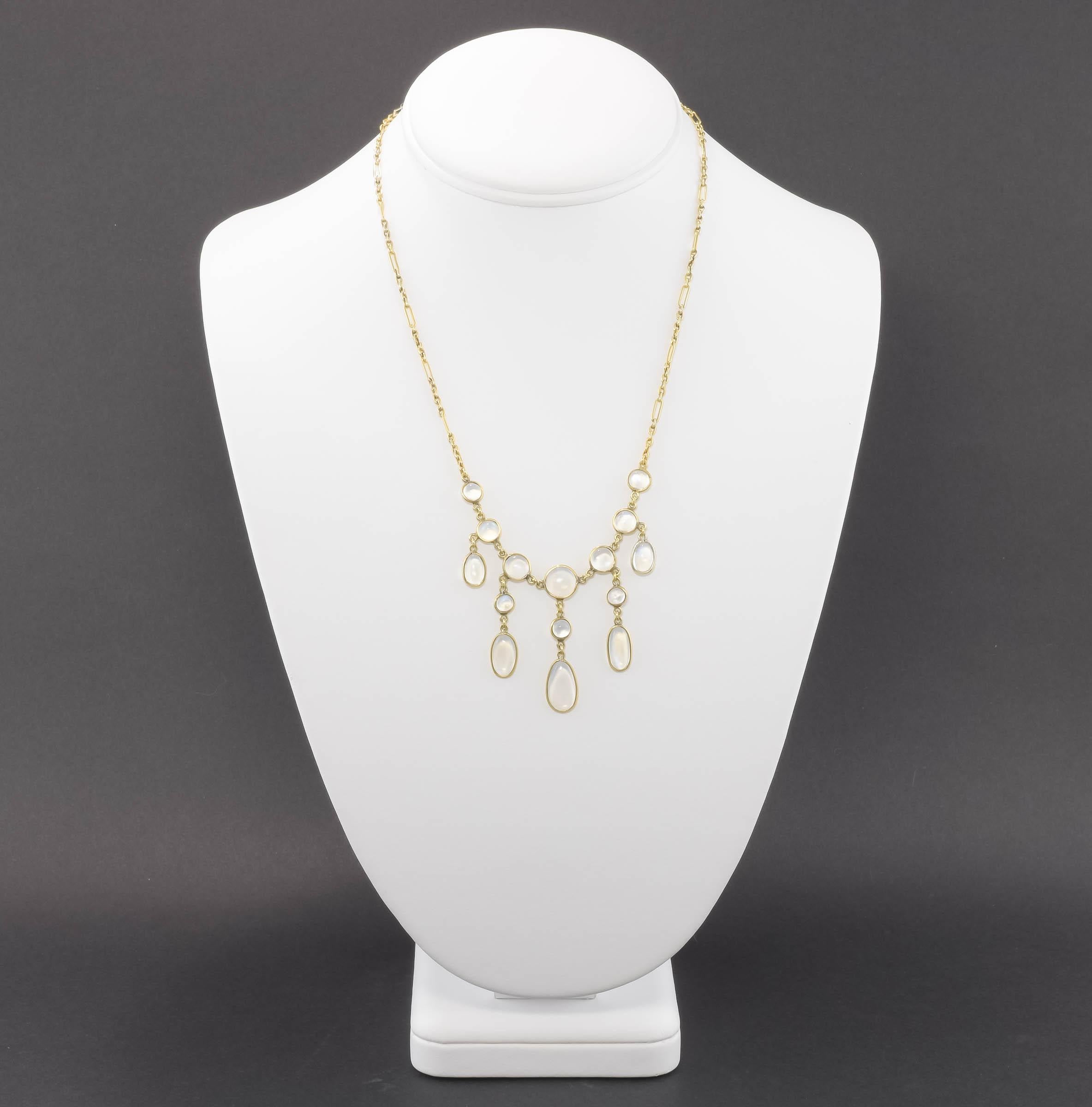 Antique 15K Gold Moonstone Drop Necklace with Fancy Link Chain In Good Condition In Danvers, MA