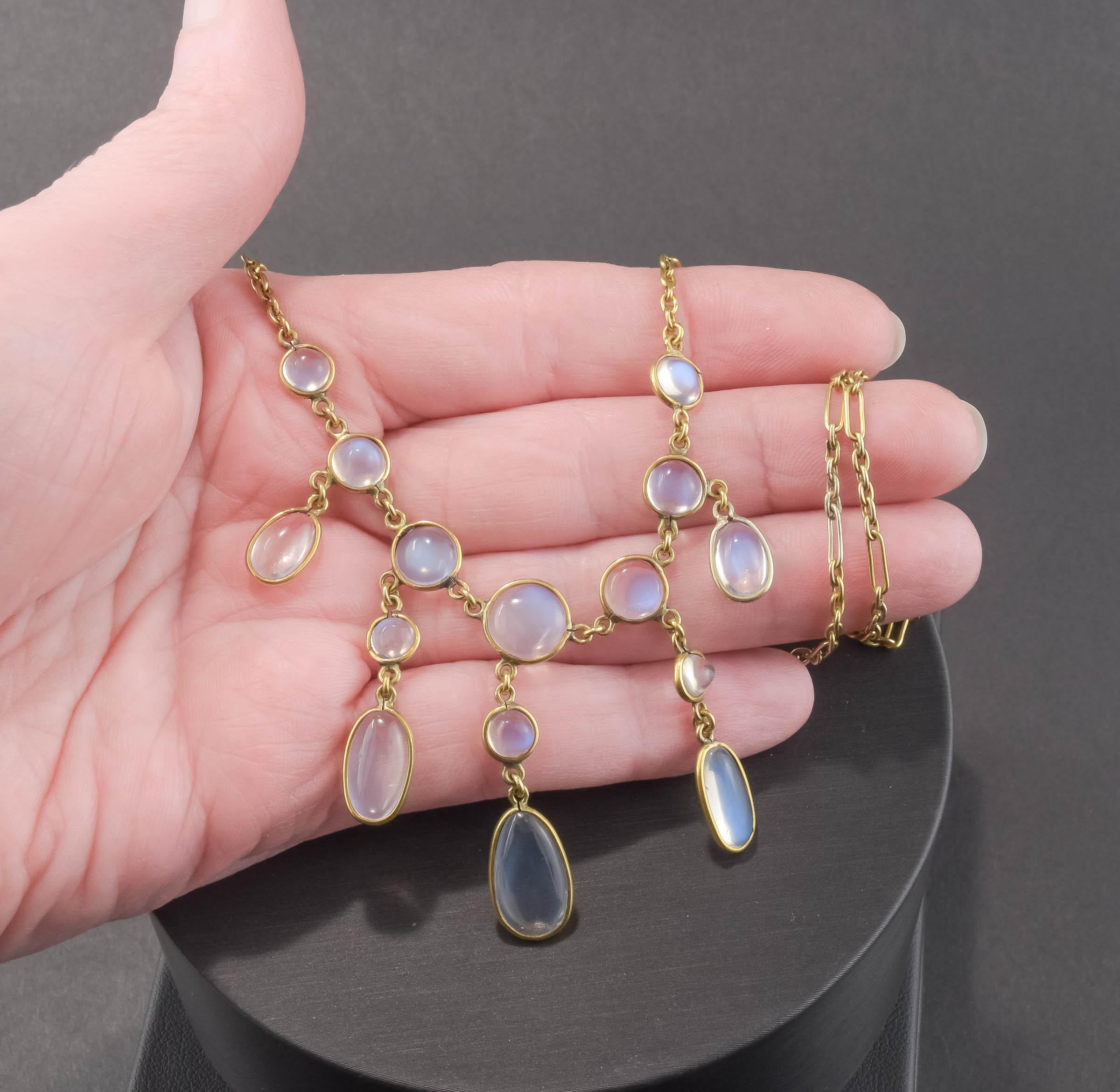 Antike 15K Gold Mondstein-Tropfen-Halskette mit ausgefallener Gliederkette Damen