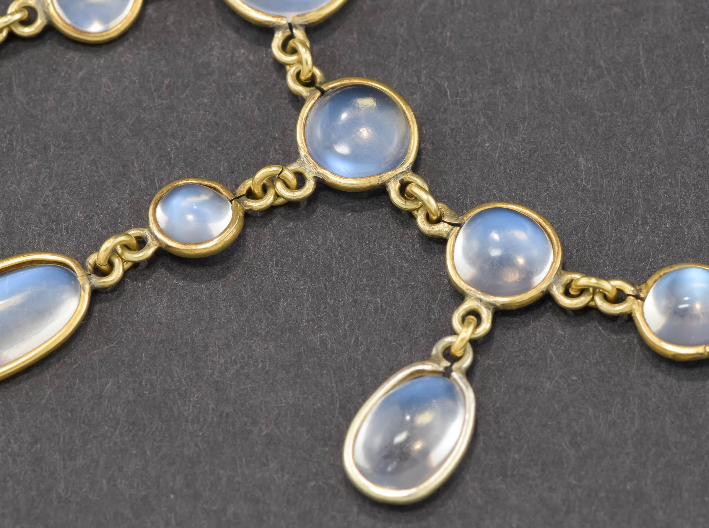 Antique 15K Gold Moonstone Drop Necklace with Fancy Link Chain For Sale 1