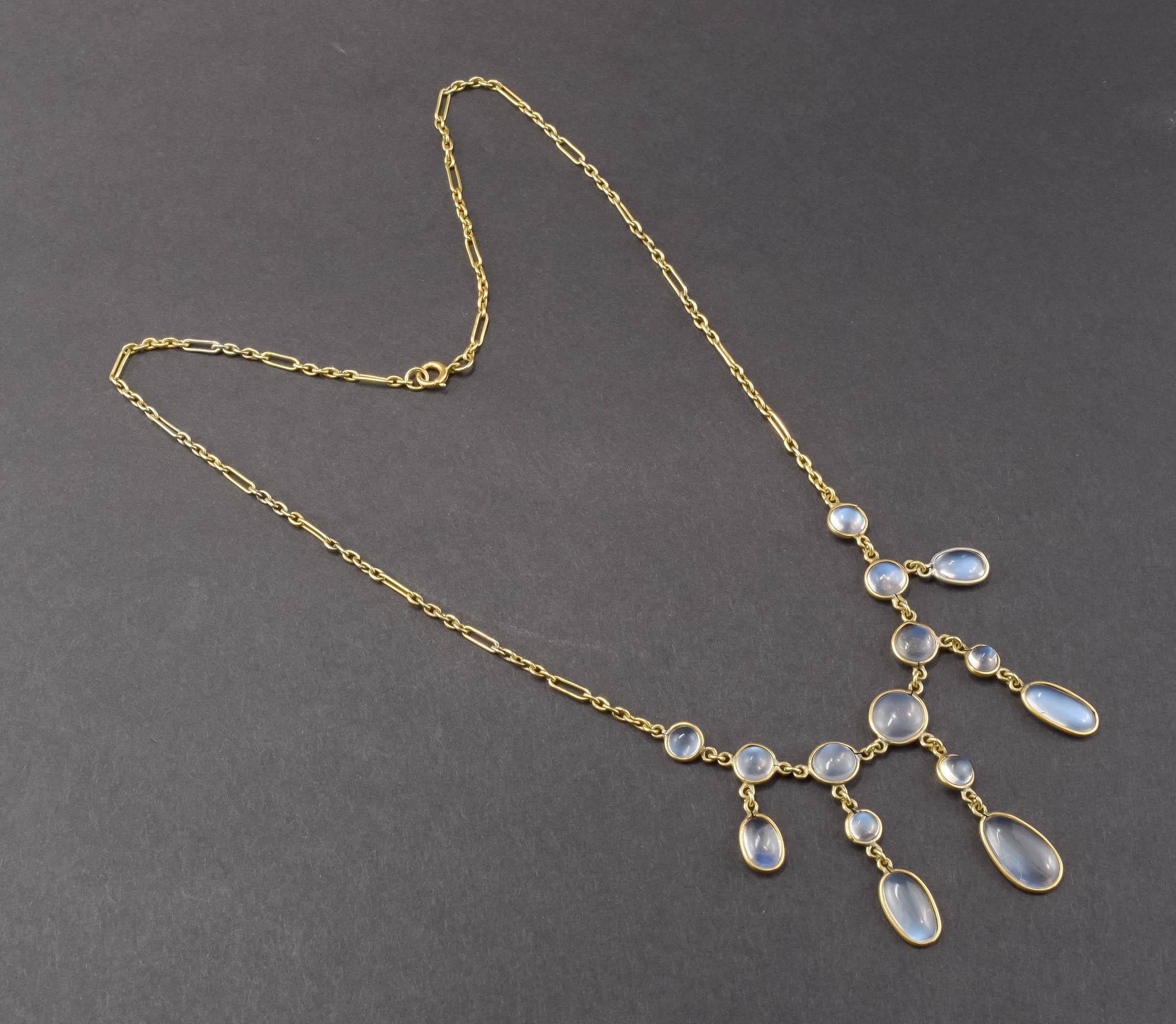 Antike 15K Gold Mondstein-Tropfen-Halskette mit ausgefallener Gliederkette 2