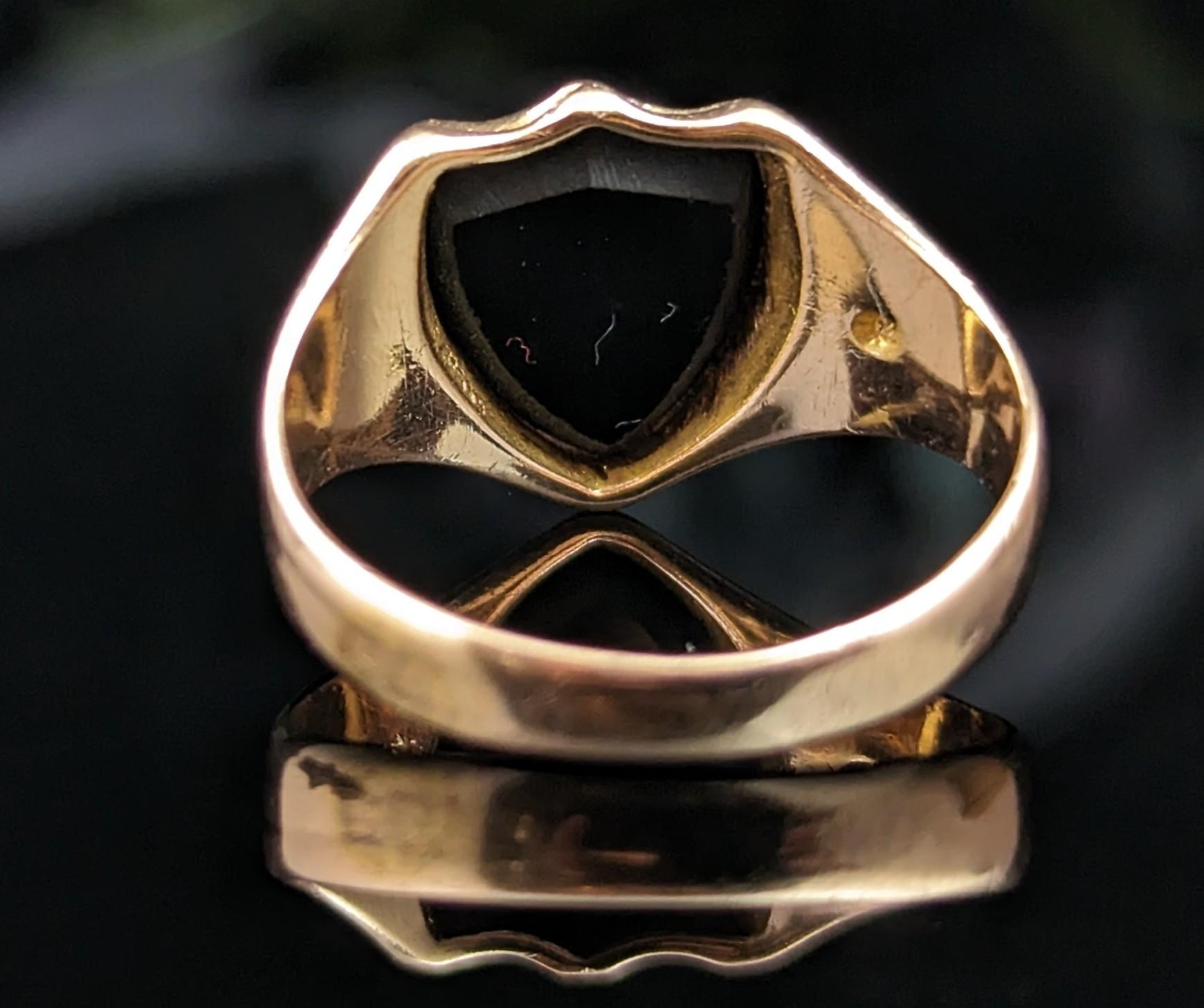 Antique 15k Gold Onyx Signet Ring, Shield Shaped, Pinky, Victorian 3