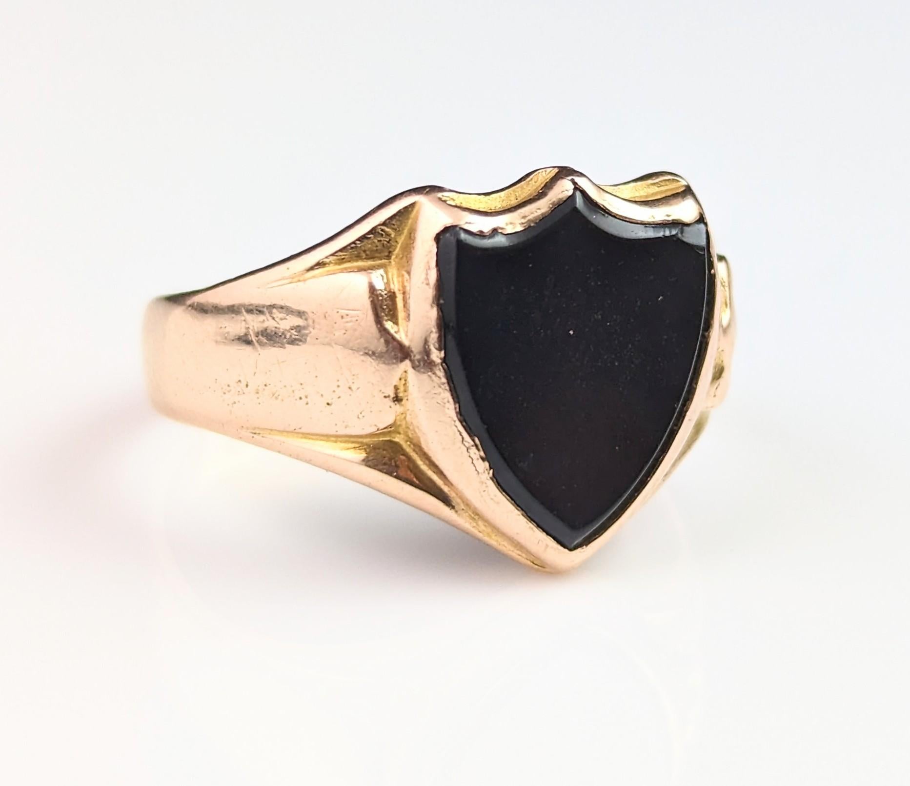 Antique 15k Gold Onyx Signet Ring, Shield Shaped, Pinky, Victorian 8