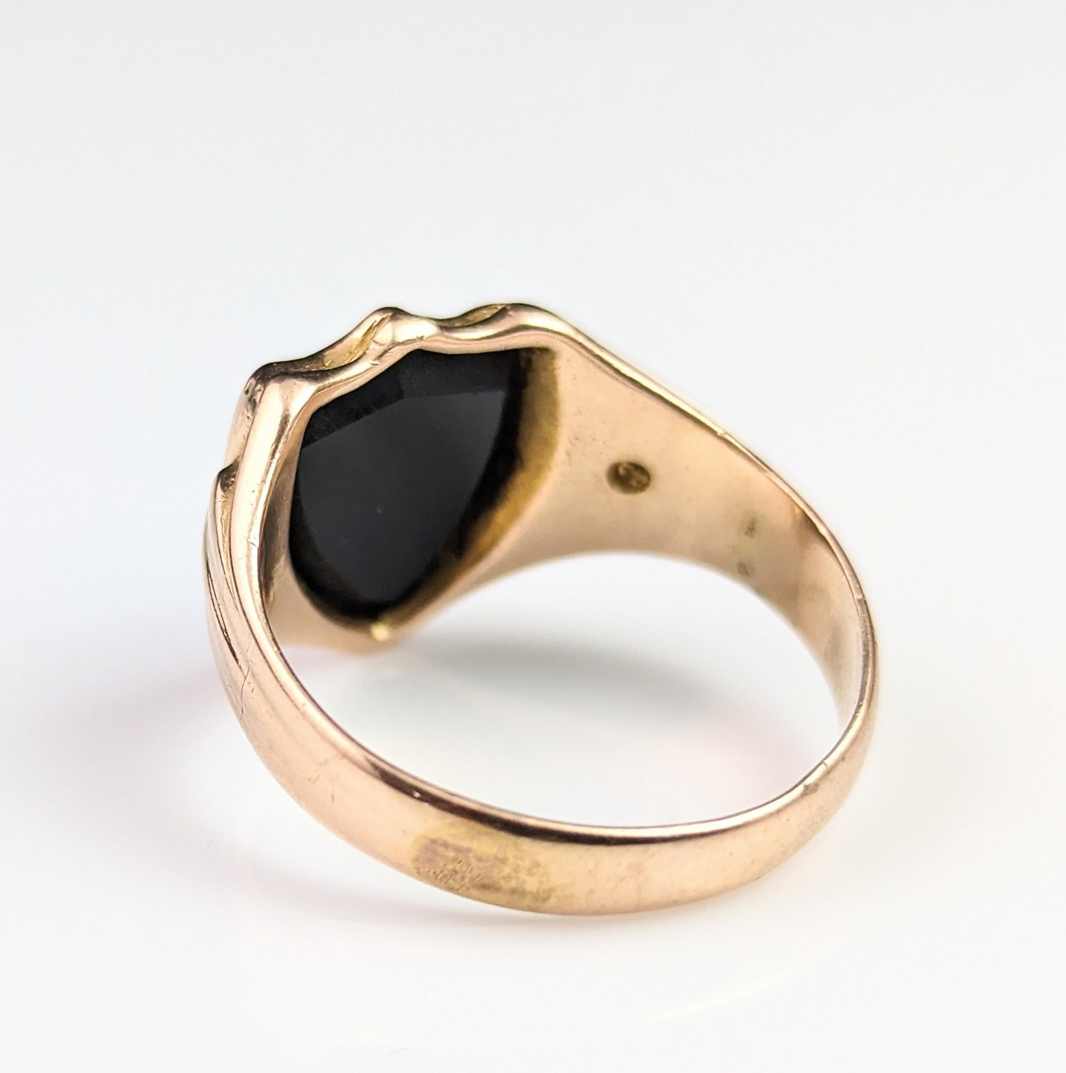 Antique 15k Gold Onyx Signet Ring, Shield Shaped, Pinky, Victorian 9