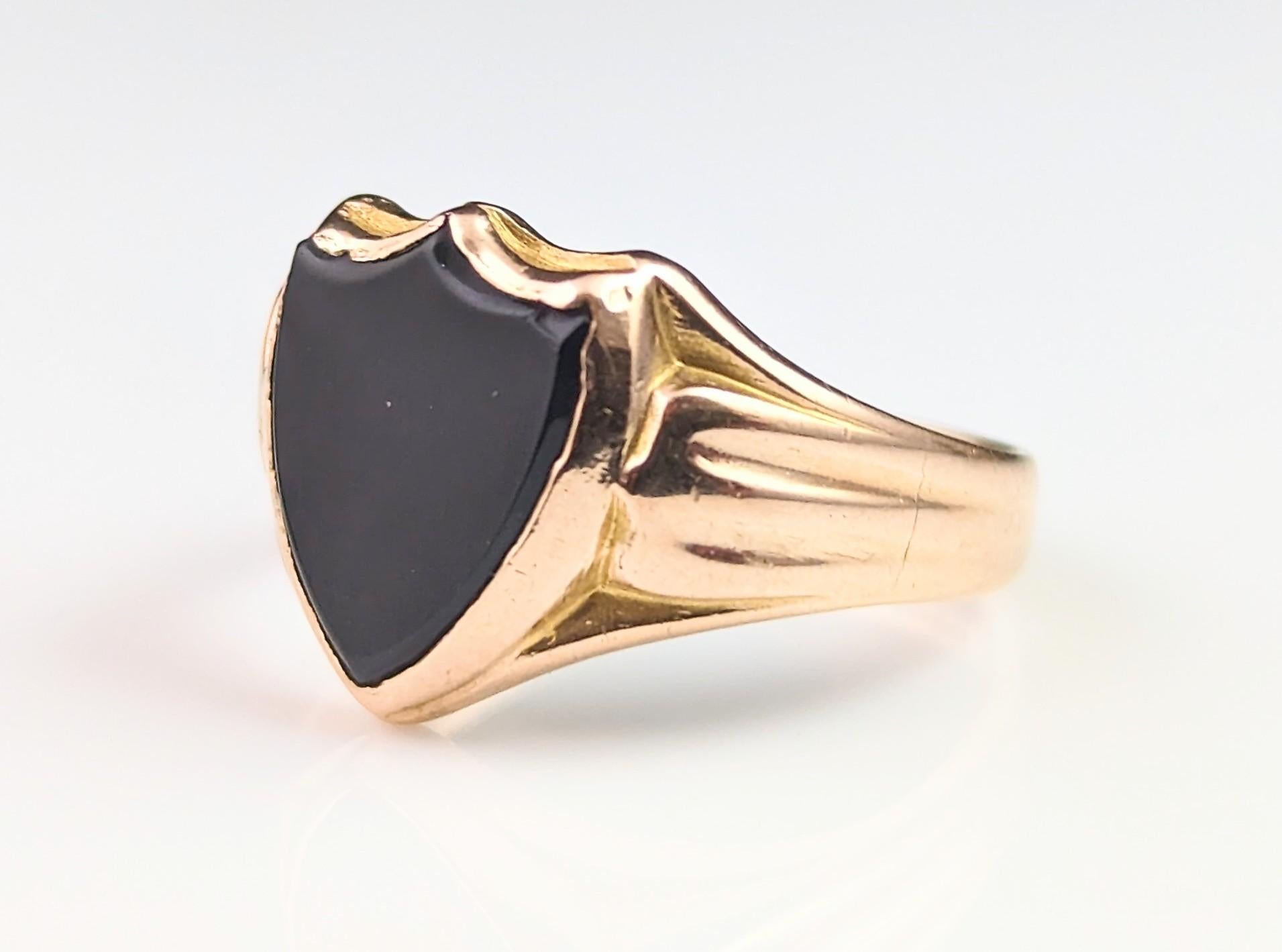Antique 15k Gold Onyx Signet Ring, Shield Shaped, Pinky, Victorian 11