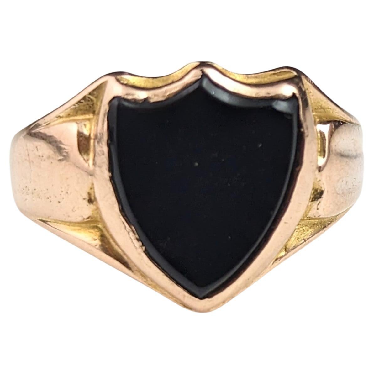 Antique 15k Gold Onyx Signet Ring, Shield Shaped, Pinky, Victorian