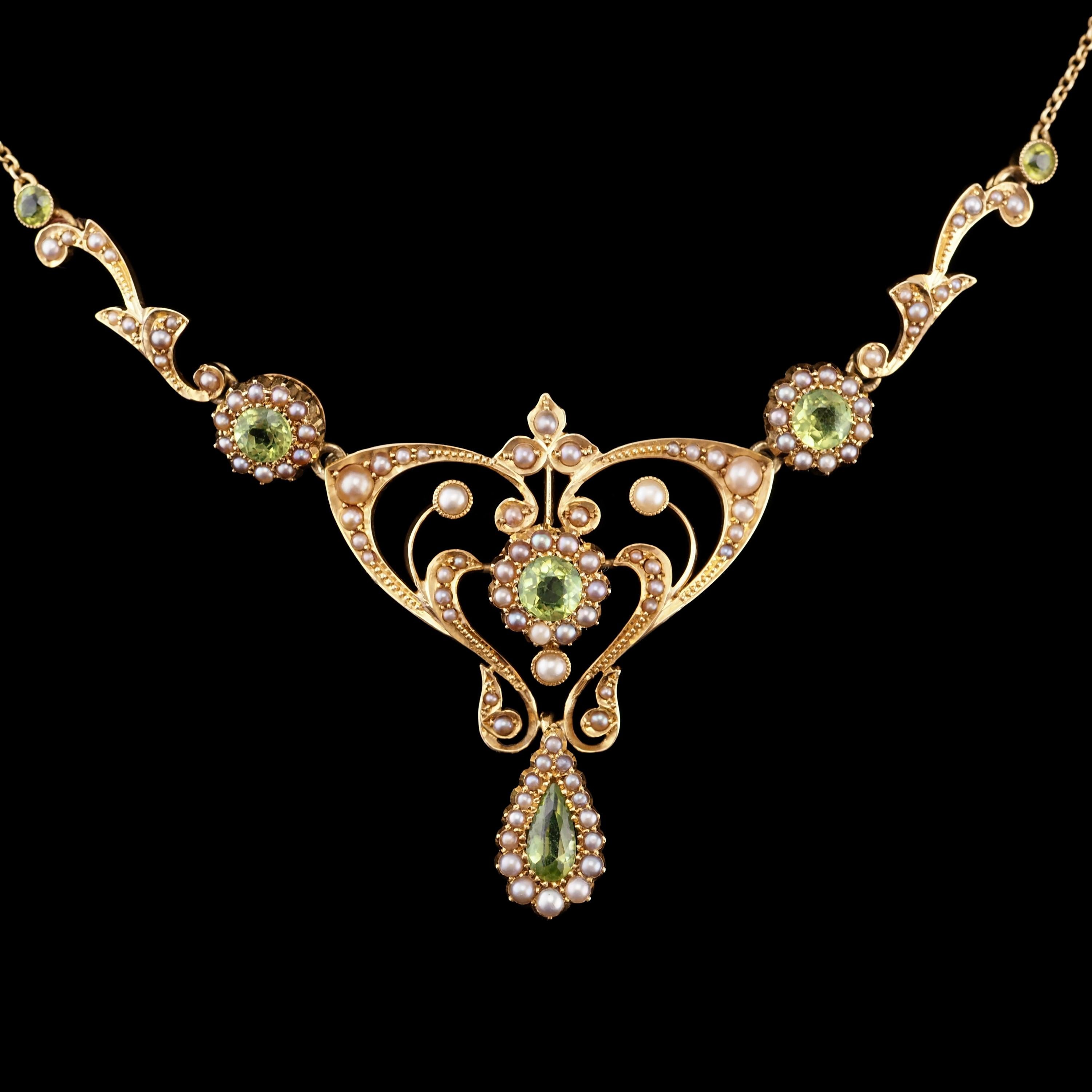 Antique 15K Gold Peridot & Pearl Lavalier Necklace - Art Nouveau c.1900s 10