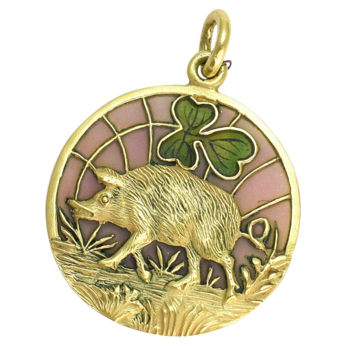 Antique 15k Gold Plique-à-Jour Enamel Lucky Pig Charm, Circa, 1903