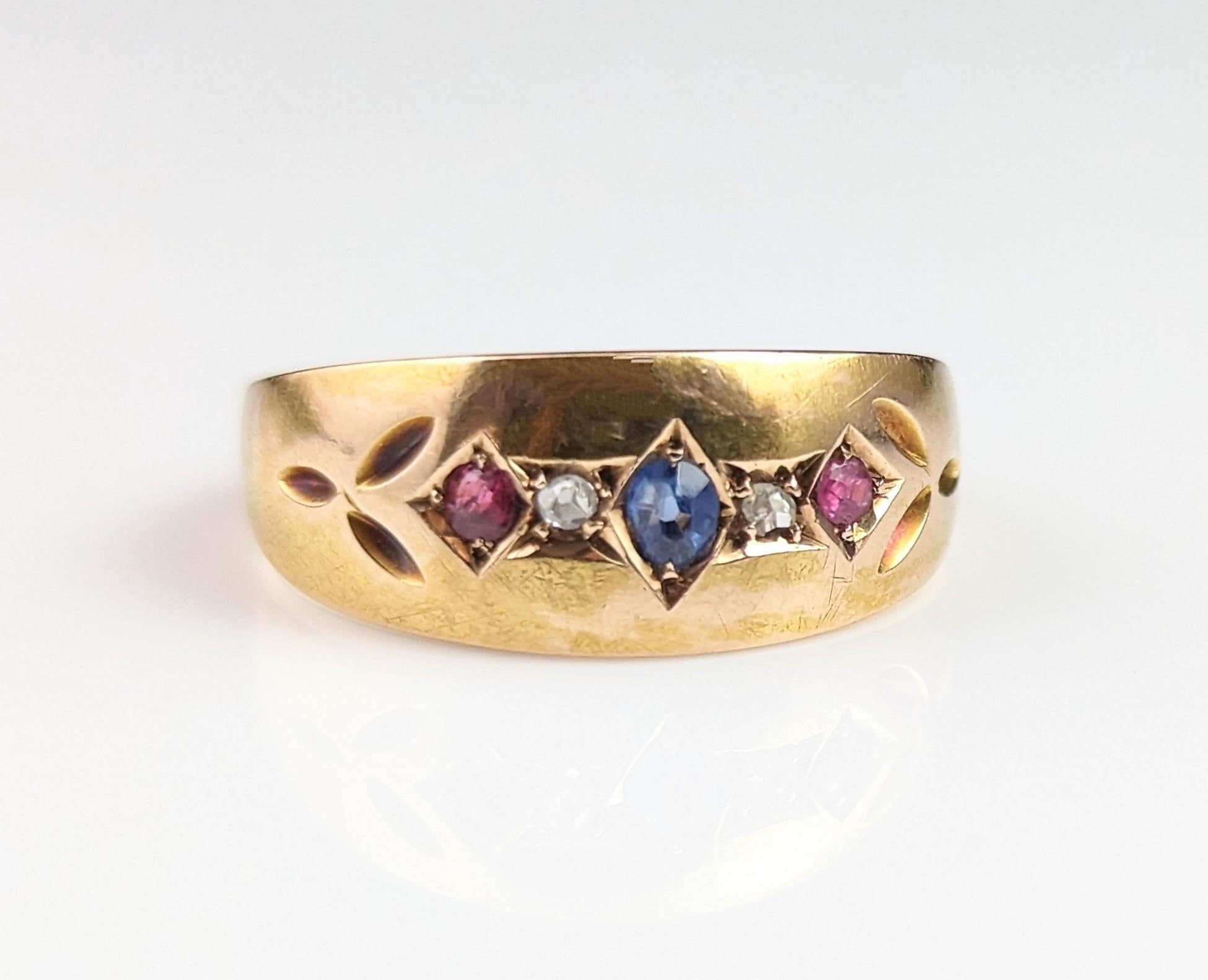 Antique 15k Gold Sapphire, Ruby and Diamond Gypsy Set Ring, Victorian 8