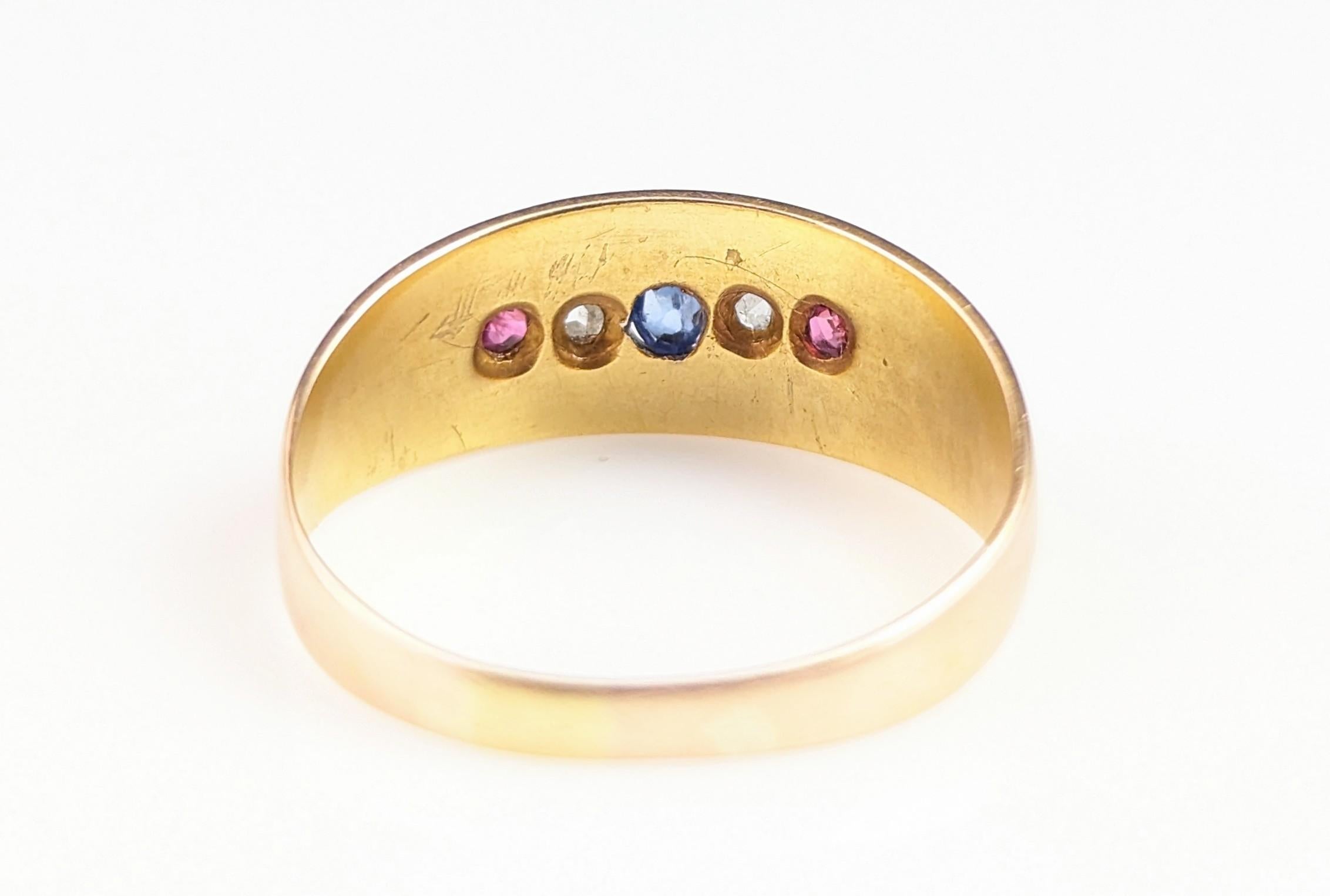 Antique 15k Gold Sapphire, Ruby and Diamond Gypsy Set Ring, Victorian 10