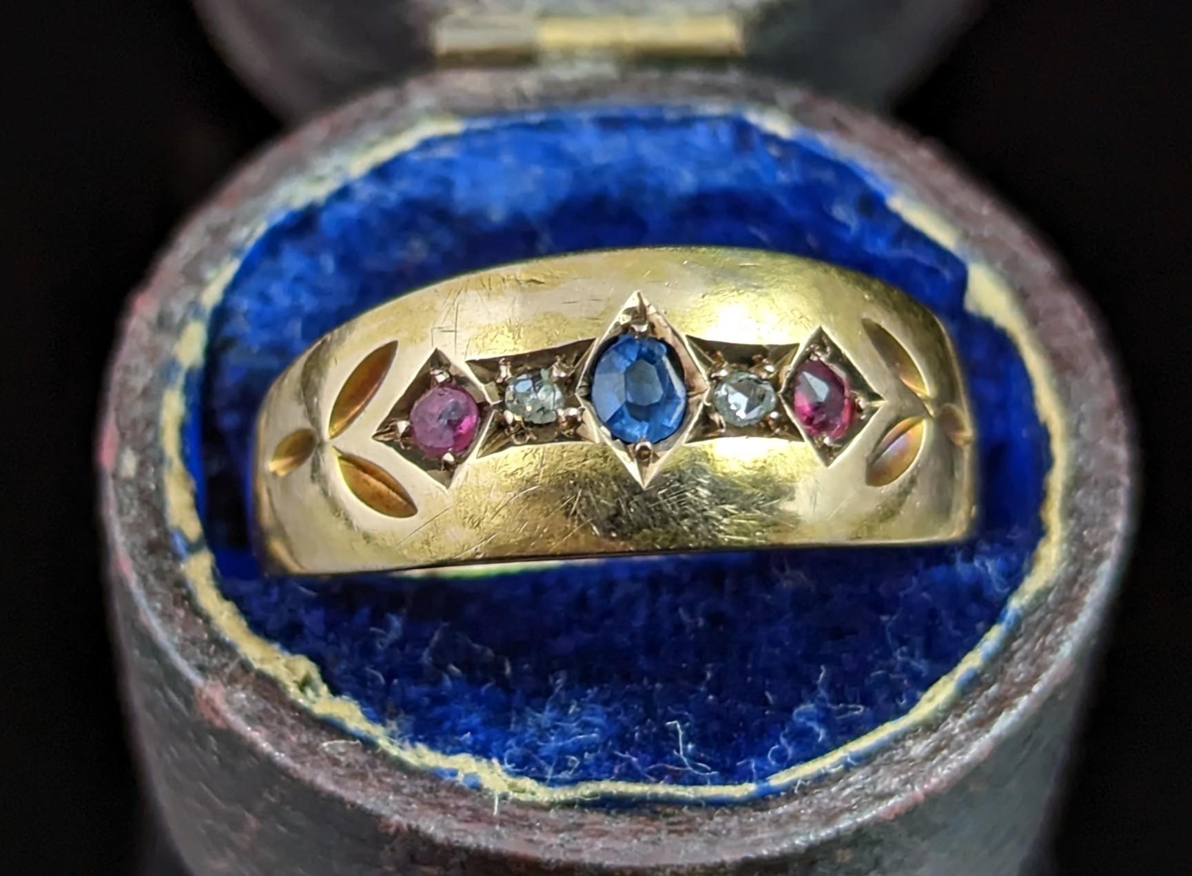 I can't say enough about this stunning antique, Victorian era, Sapphire Ruby and Diamond ring in 15kt yellow gold.

One of our favourite styles here at StolenAttic and a firm customer favourite.

This beautiful ring is a five stone, Gypsy set ring