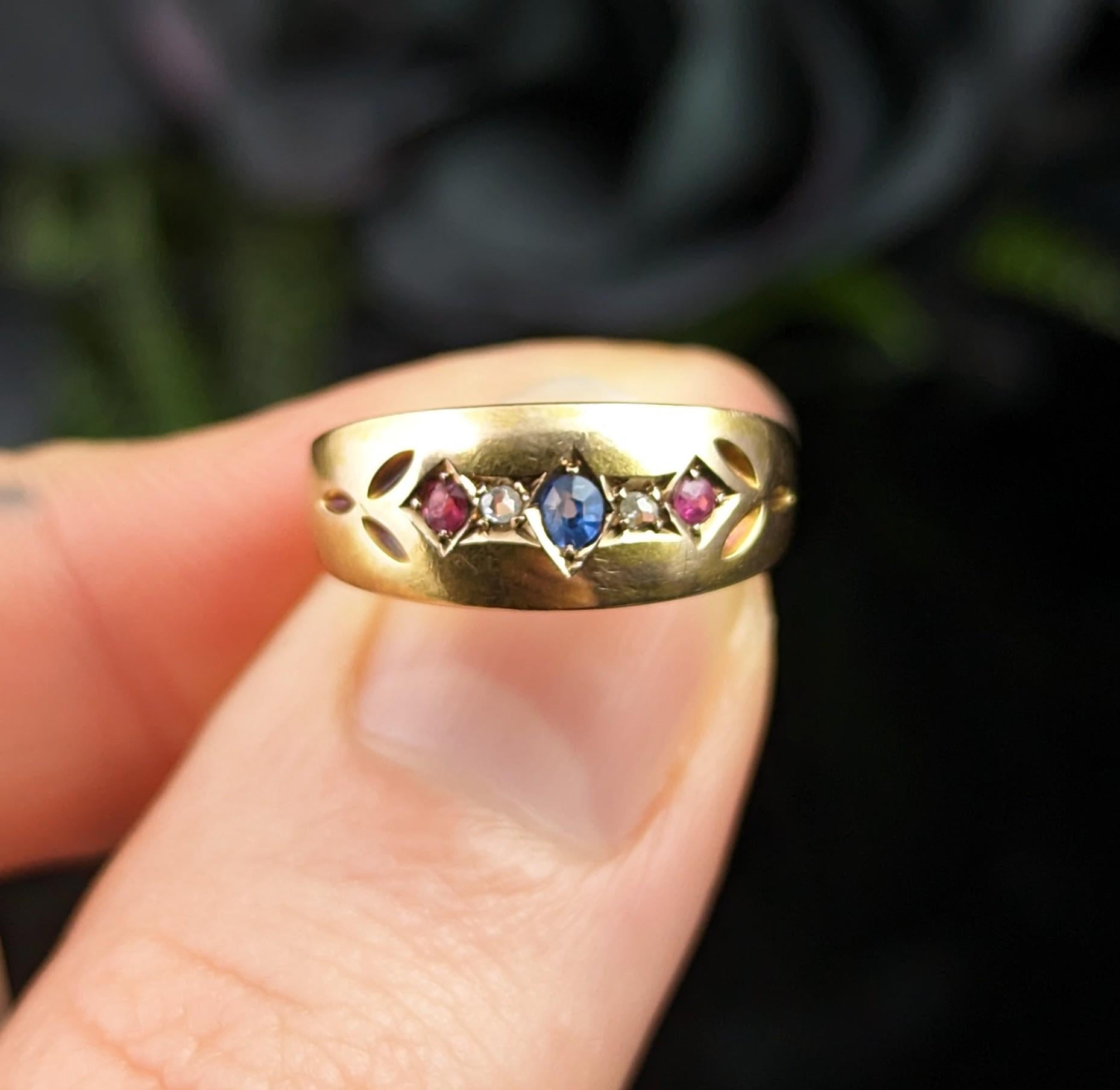 Round Cut Antique 15k Gold Sapphire, Ruby and Diamond Gypsy Set Ring, Victorian