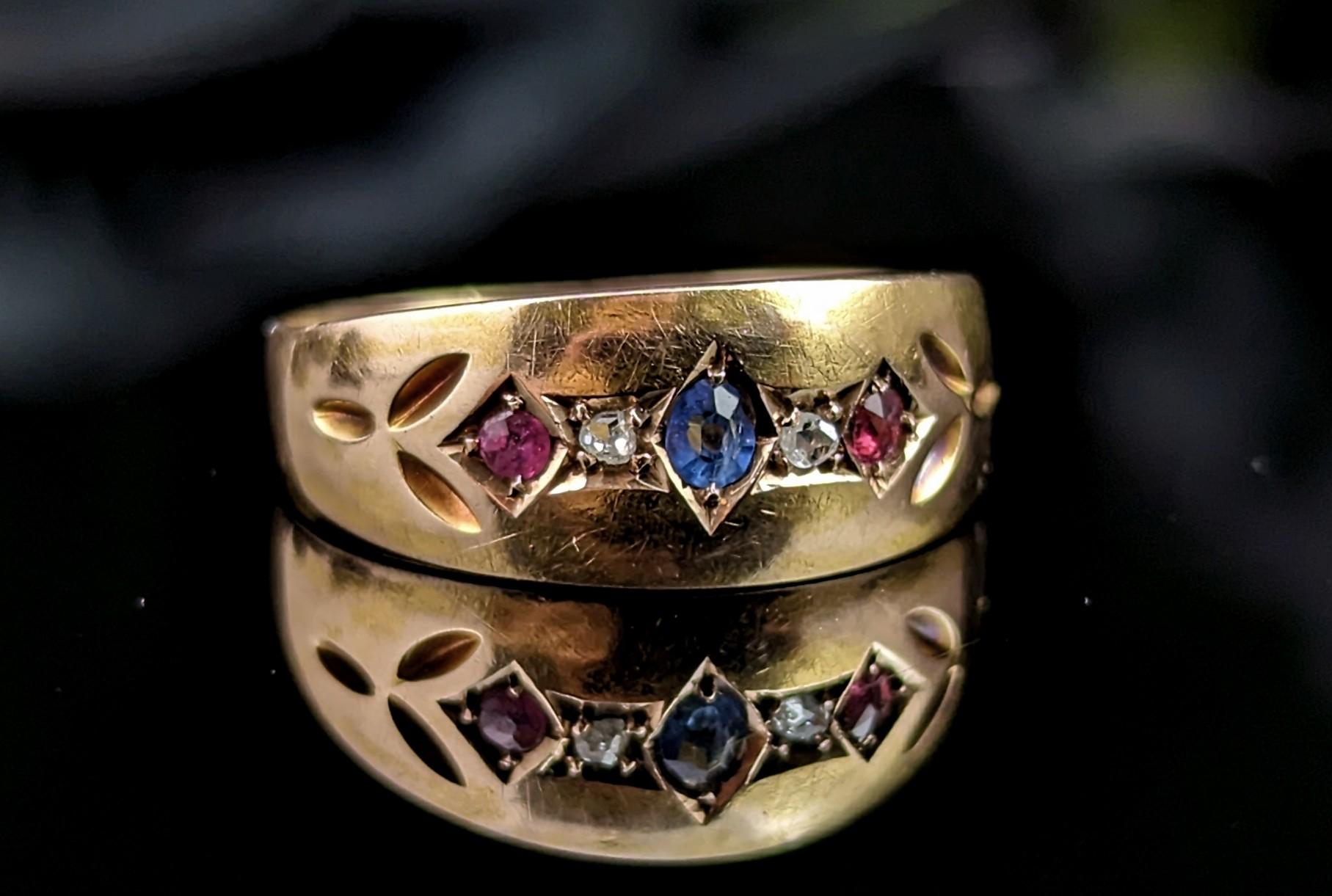 Antique 15k Gold Sapphire, Ruby and Diamond Gypsy Set Ring, Victorian 1