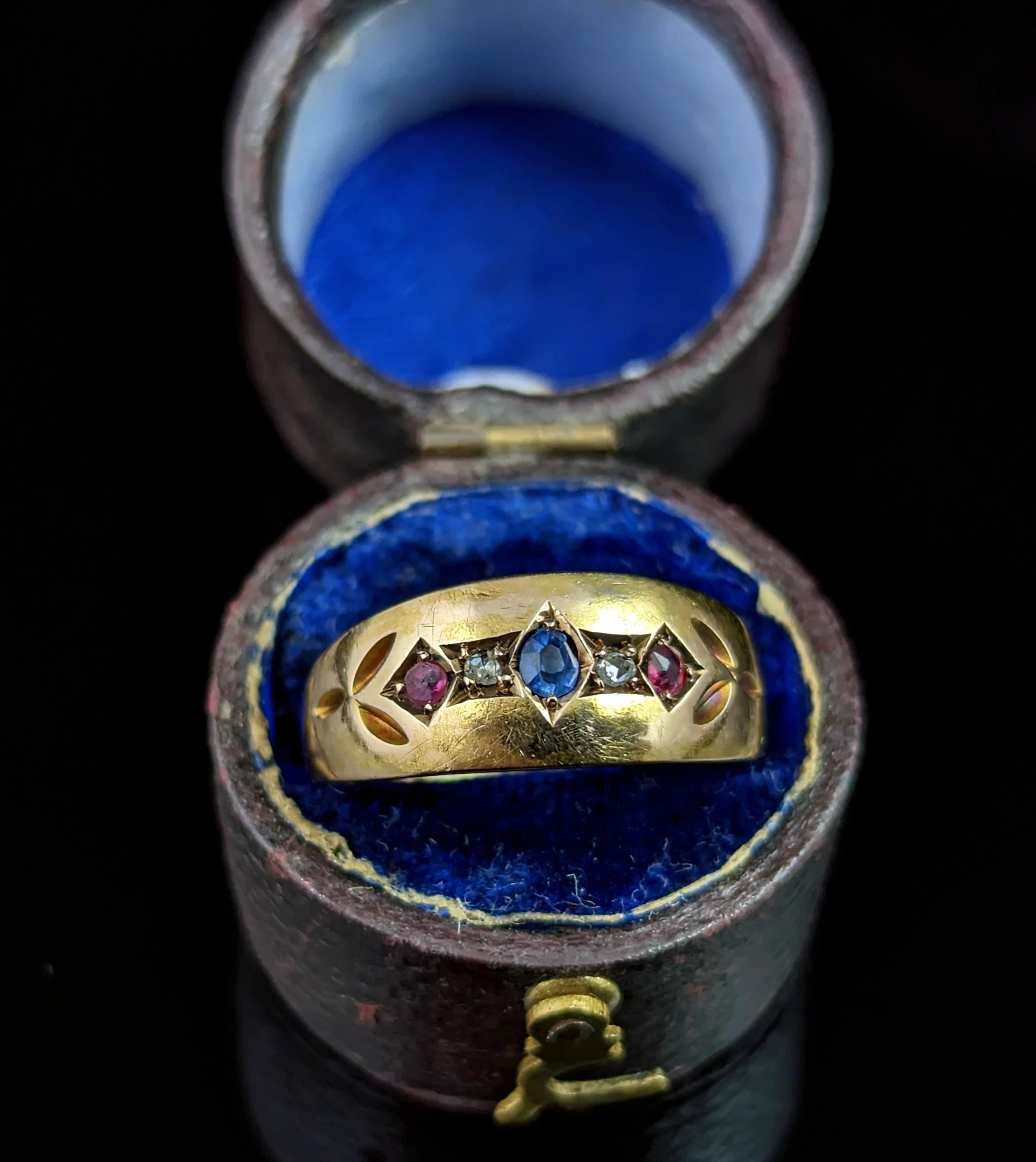 Antique 15k Gold Sapphire, Ruby and Diamond Gypsy Set Ring, Victorian 2
