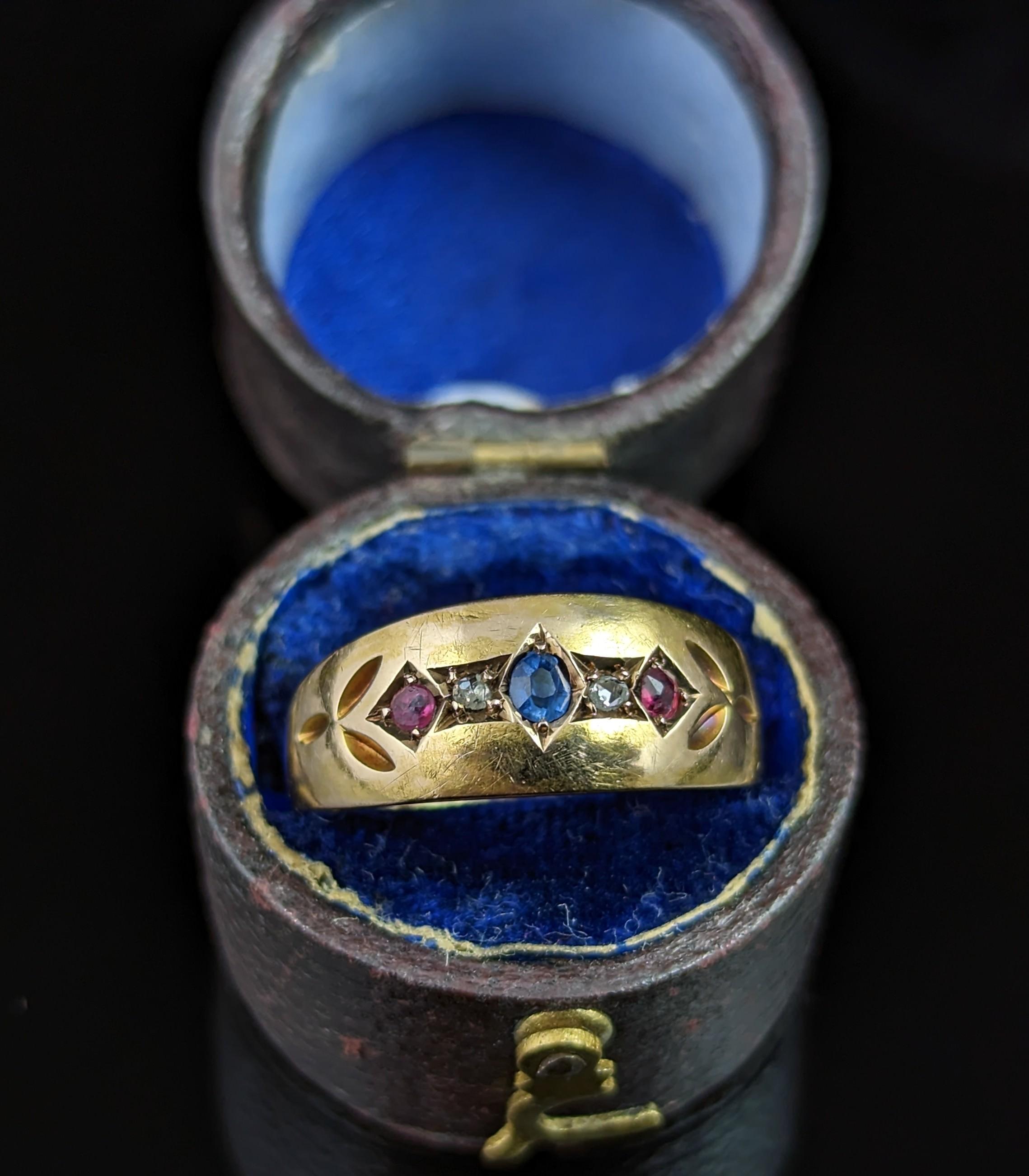 Antique 15k Gold Sapphire, Ruby and Diamond Gypsy Set Ring, Victorian 4