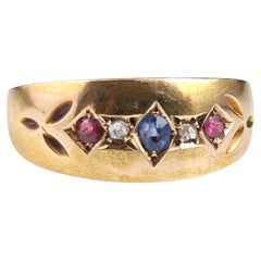 Antique 15k Gold Sapphire, Ruby and Diamond Gypsy Set Ring, Victorian