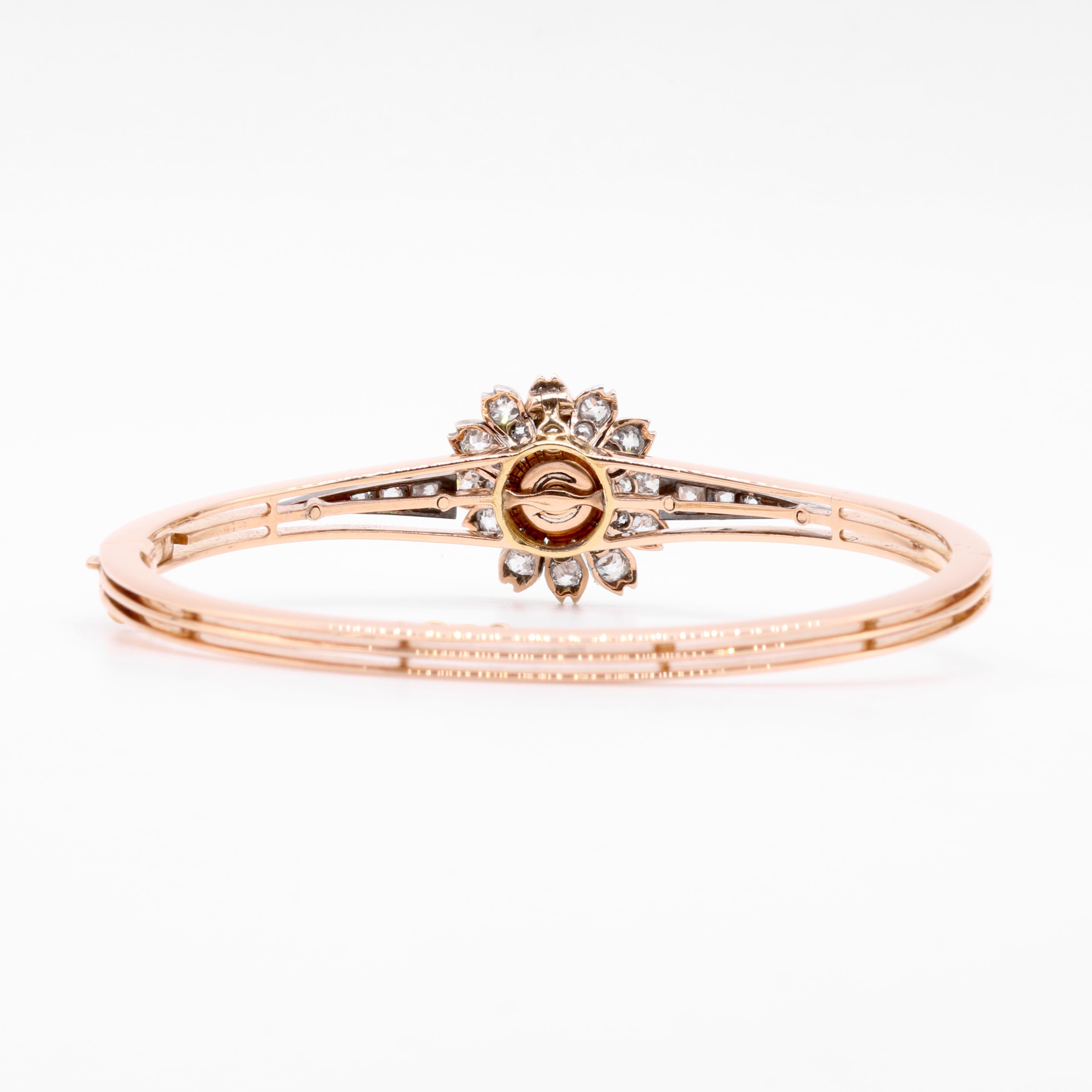 Antique 15K Gold & Silver 1.28ctw Old Cut Diamond Flower Bangle and Pendant For Sale 4