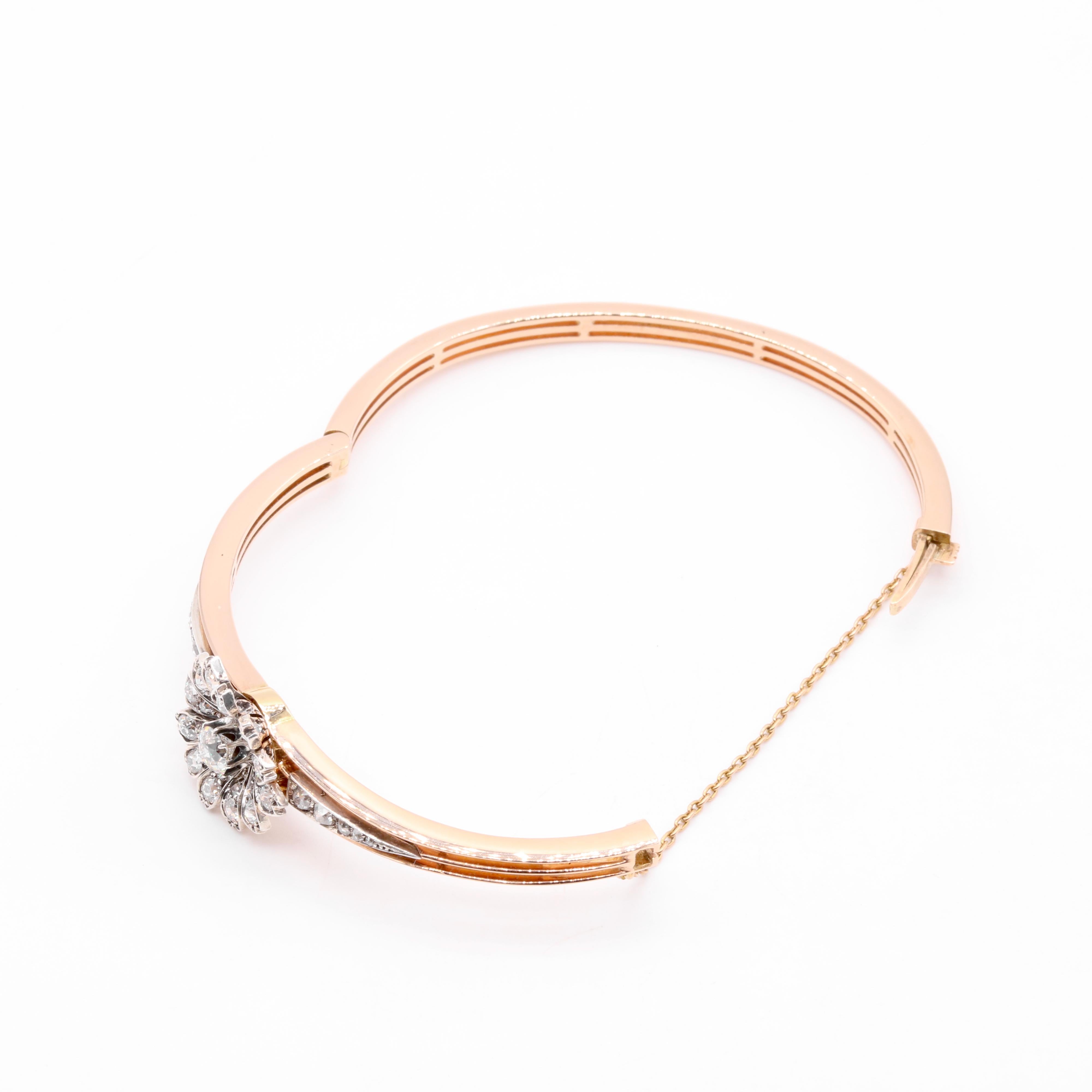 Antique 15K Gold & Silver 1.28ctw Old Cut Diamond Flower Bangle and Pendant For Sale 5