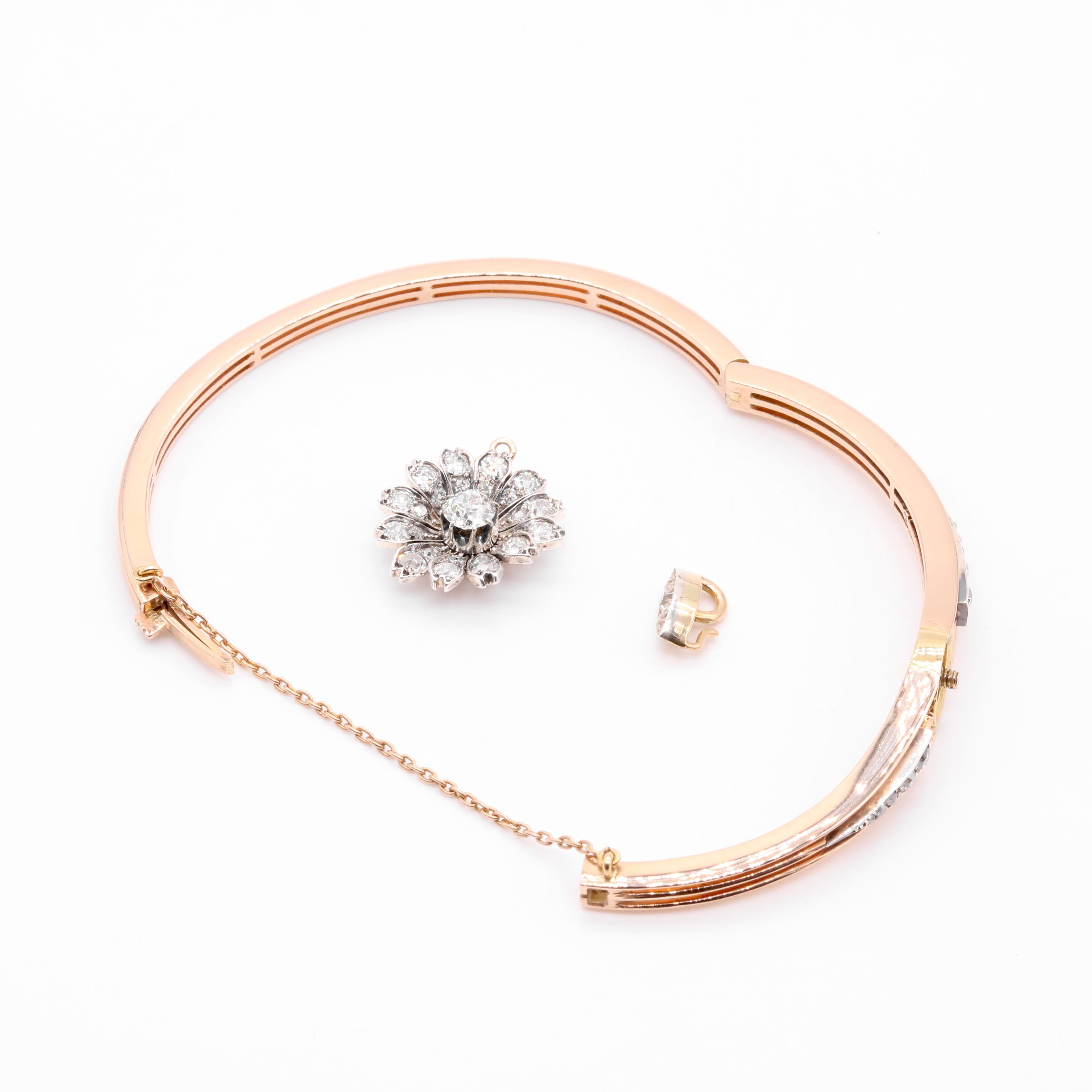 Antique 15K Gold & Silver 1.28ctw Old Cut Diamond Flower Bangle and Pendant For Sale 6