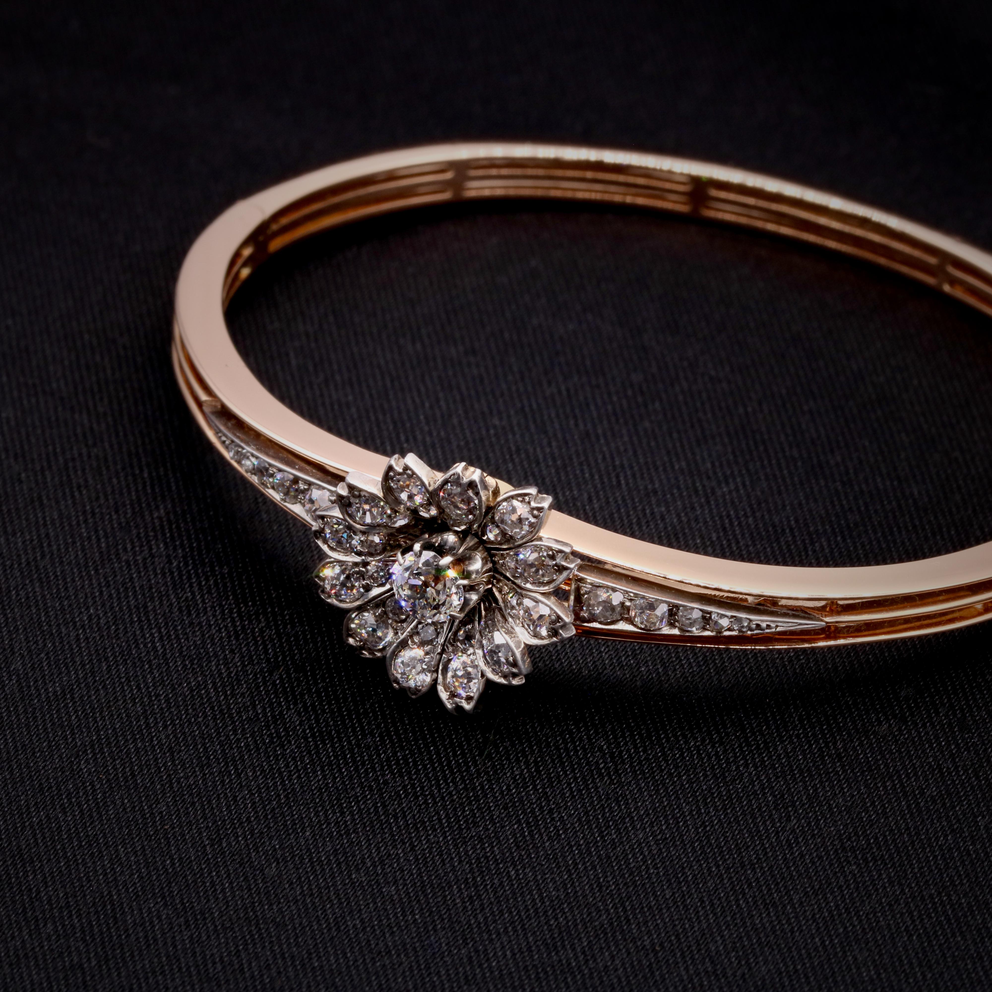 Victorian Antique 15K Gold & Silver 1.28ctw Old Cut Diamond Flower Bangle and Pendant For Sale