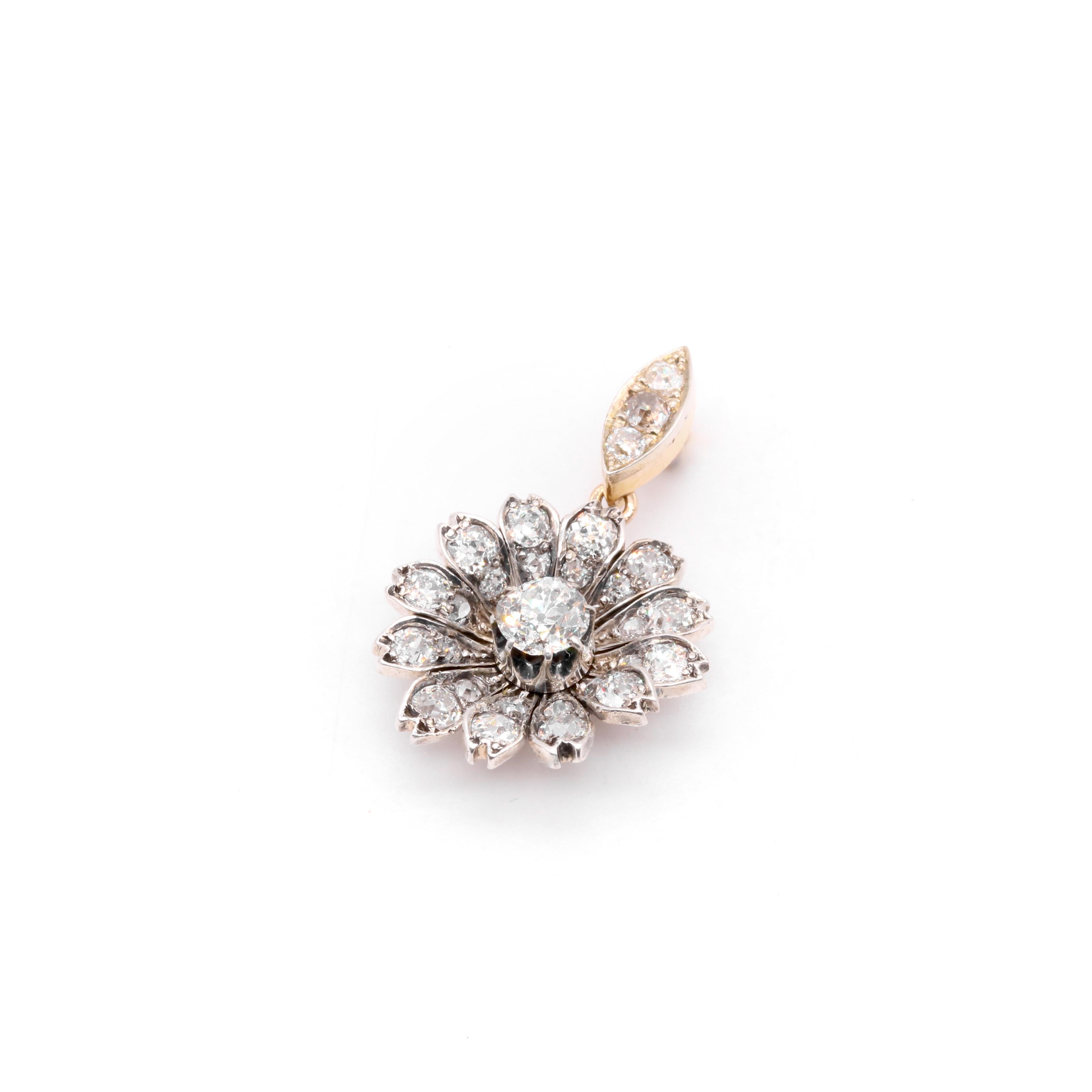 Old Mine Cut Antique 15K Gold & Silver 1.28ctw Old Cut Diamond Flower Bangle and Pendant For Sale