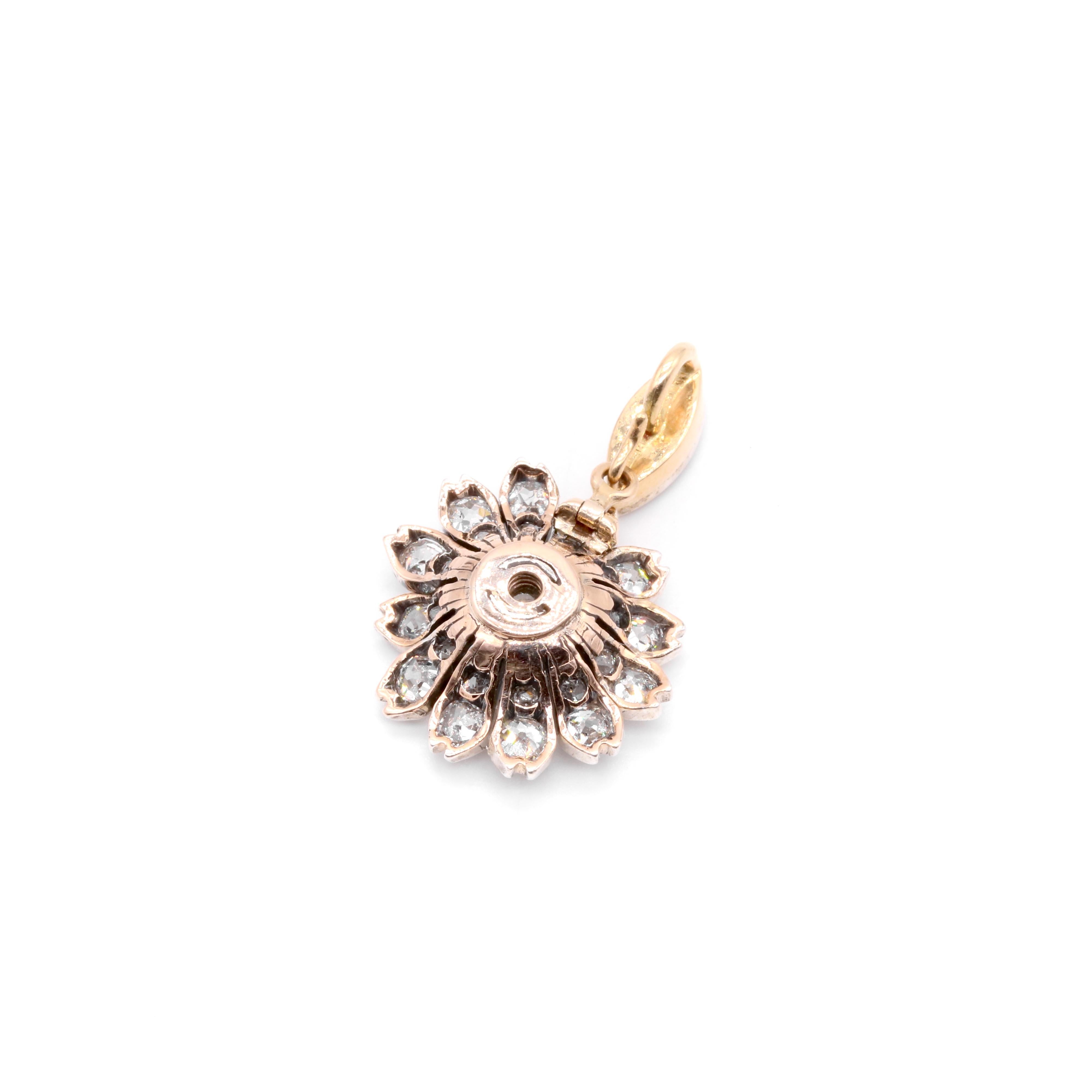 Antique 15K Gold & Silver 1.28ctw Old Cut Diamond Flower Bangle and Pendant In Good Condition For Sale In Staines-Upon-Thames, GB