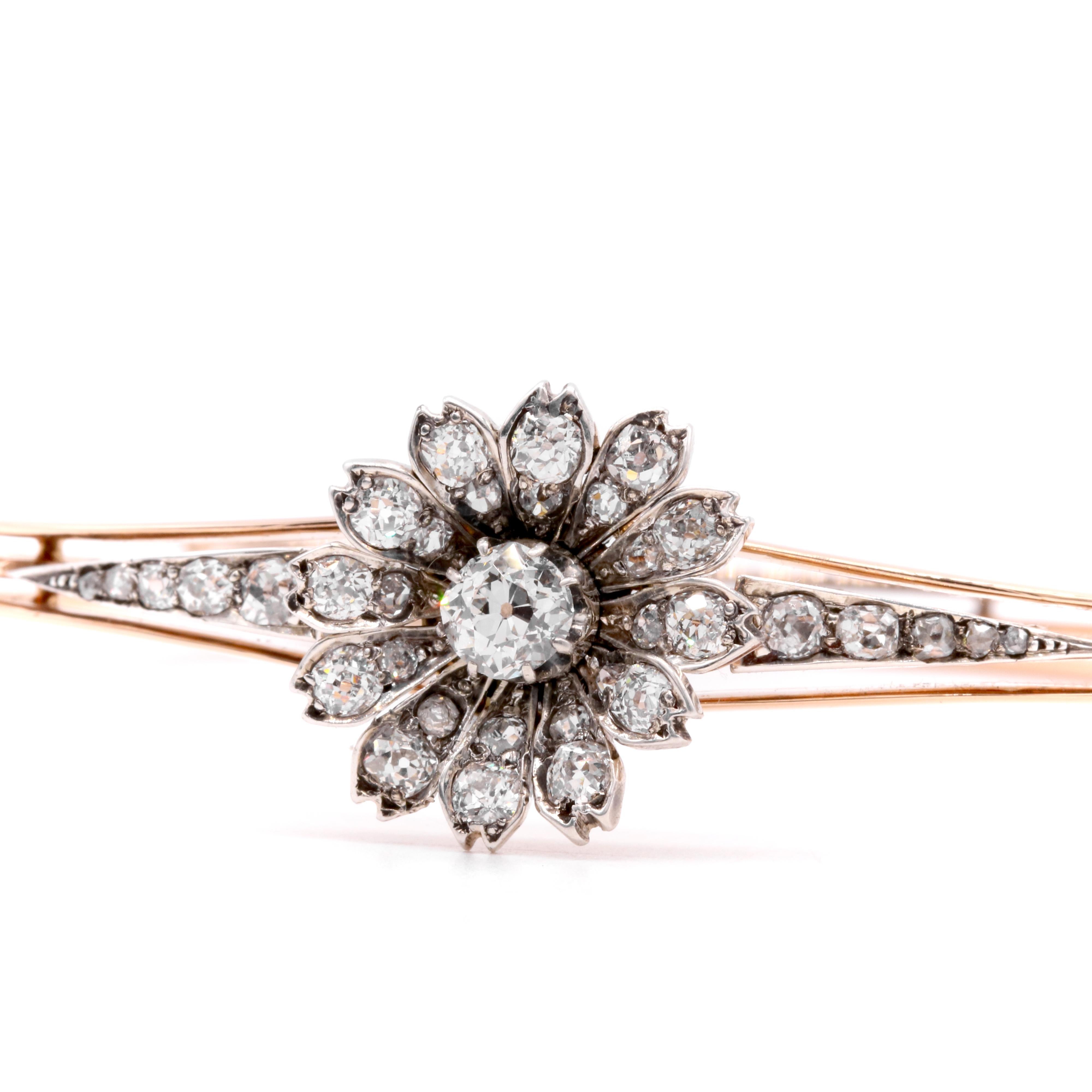 Women's or Men's Antique 15K Gold & Silver 1.28ctw Old Cut Diamond Flower Bangle and Pendant For Sale