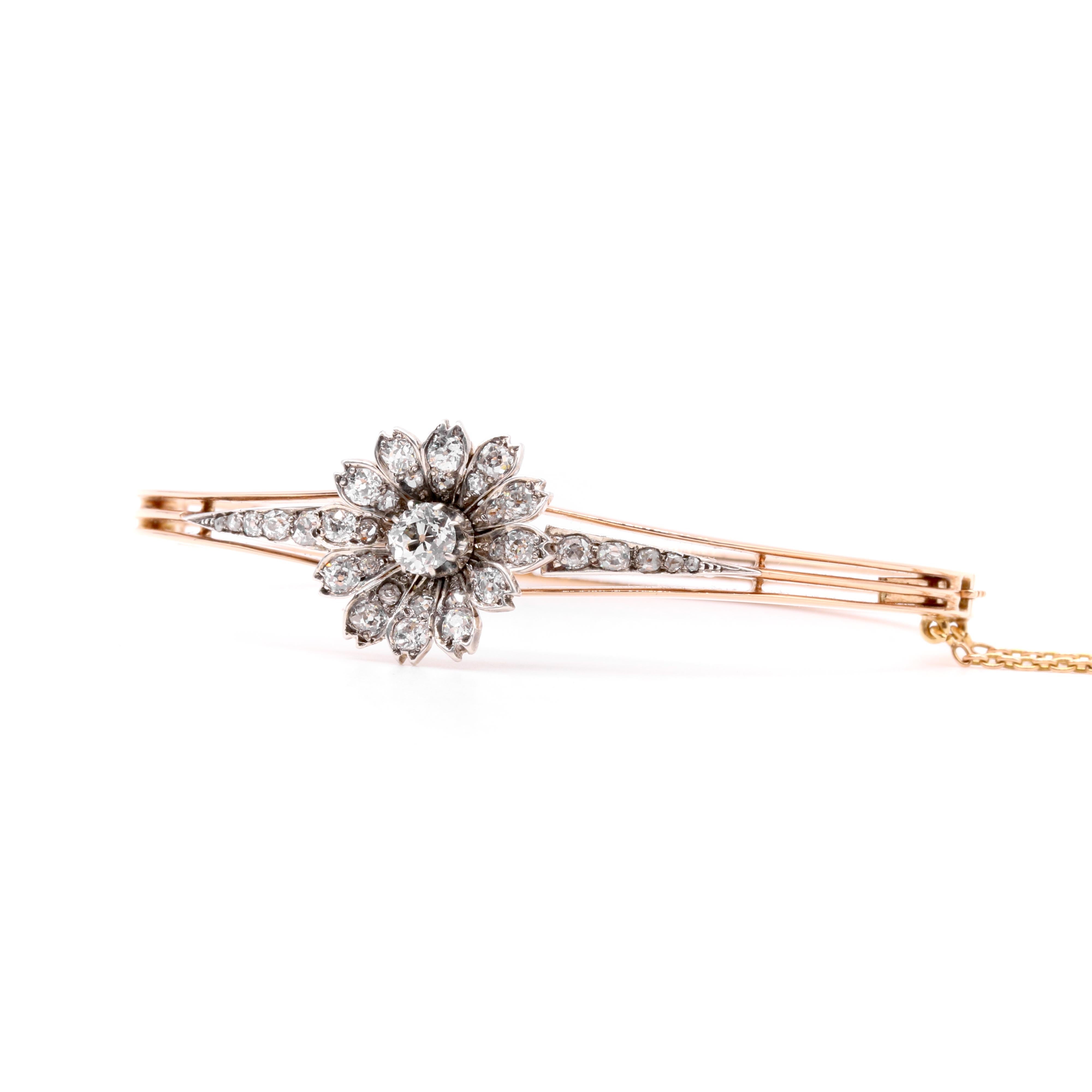 Antique 15K Gold & Silver 1.28ctw Old Cut Diamond Flower Bangle and Pendant For Sale 1