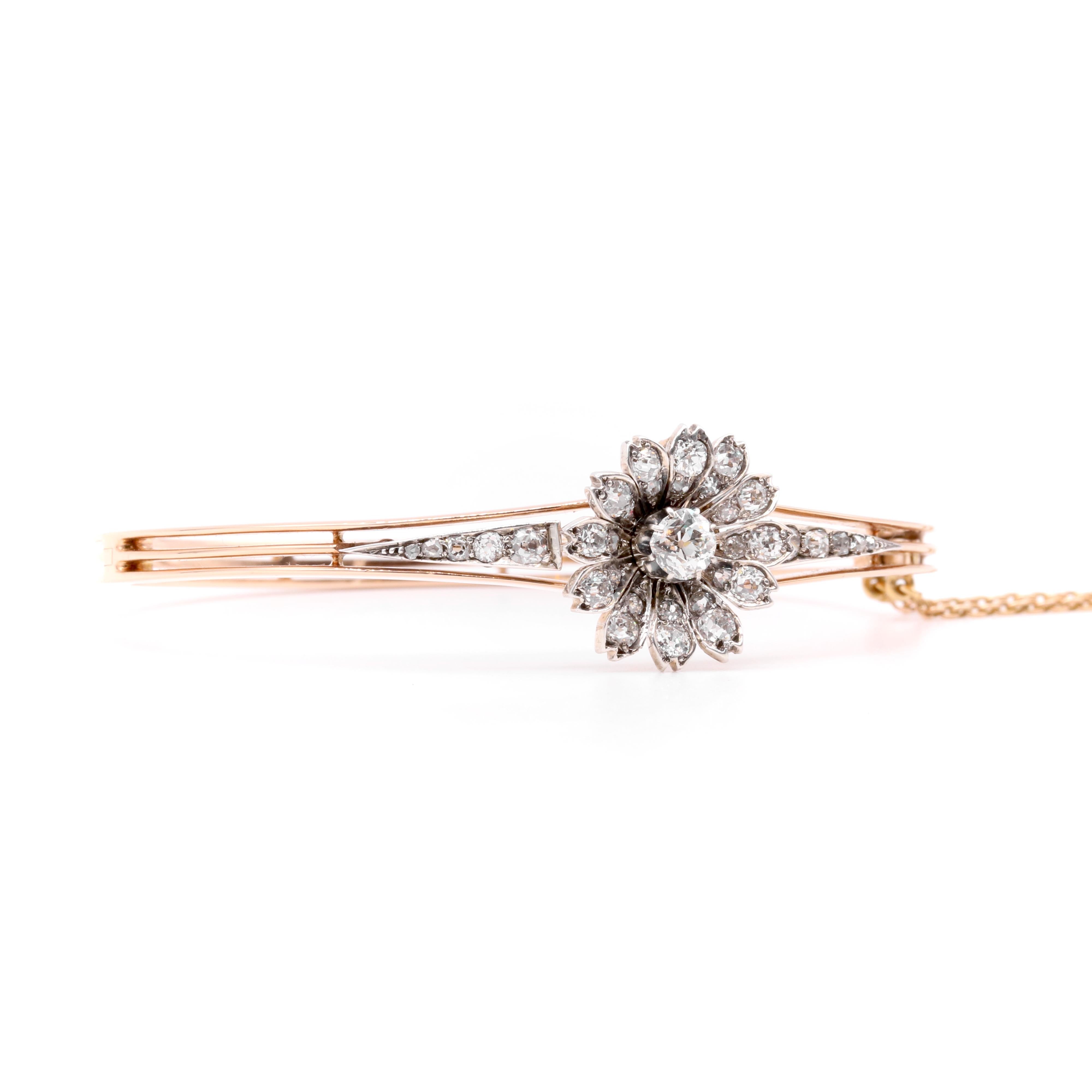 Antique 15K Gold & Silver 1.28ctw Old Cut Diamond Flower Bangle and Pendant For Sale 2