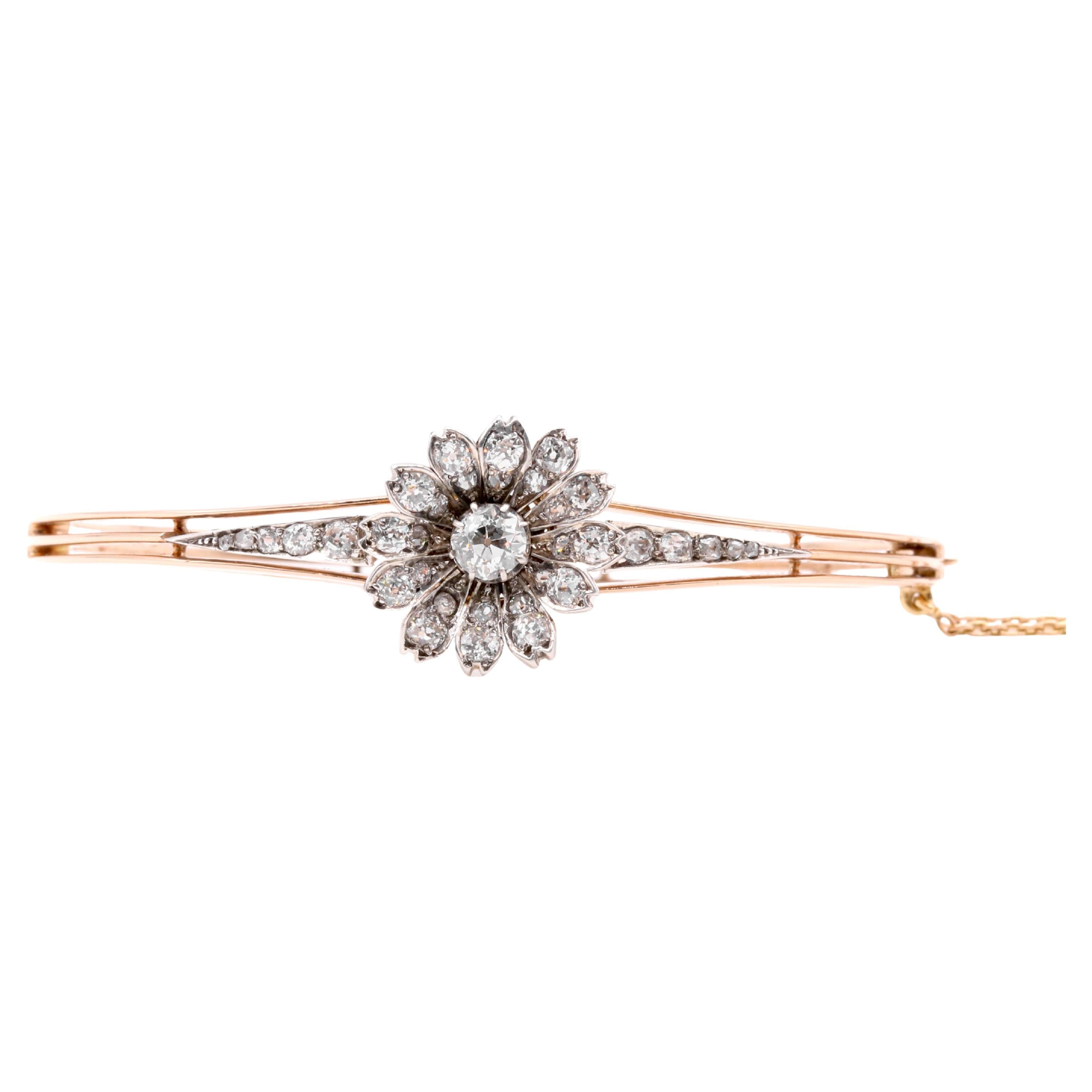 Antique 15K Gold & Silver 1.28ctw Old Cut Diamond Flower Bangle and Pendant