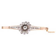 Antique 15K Gold & Silver 1.28ctw Old Cut Diamond Flower Bangle and Pendant