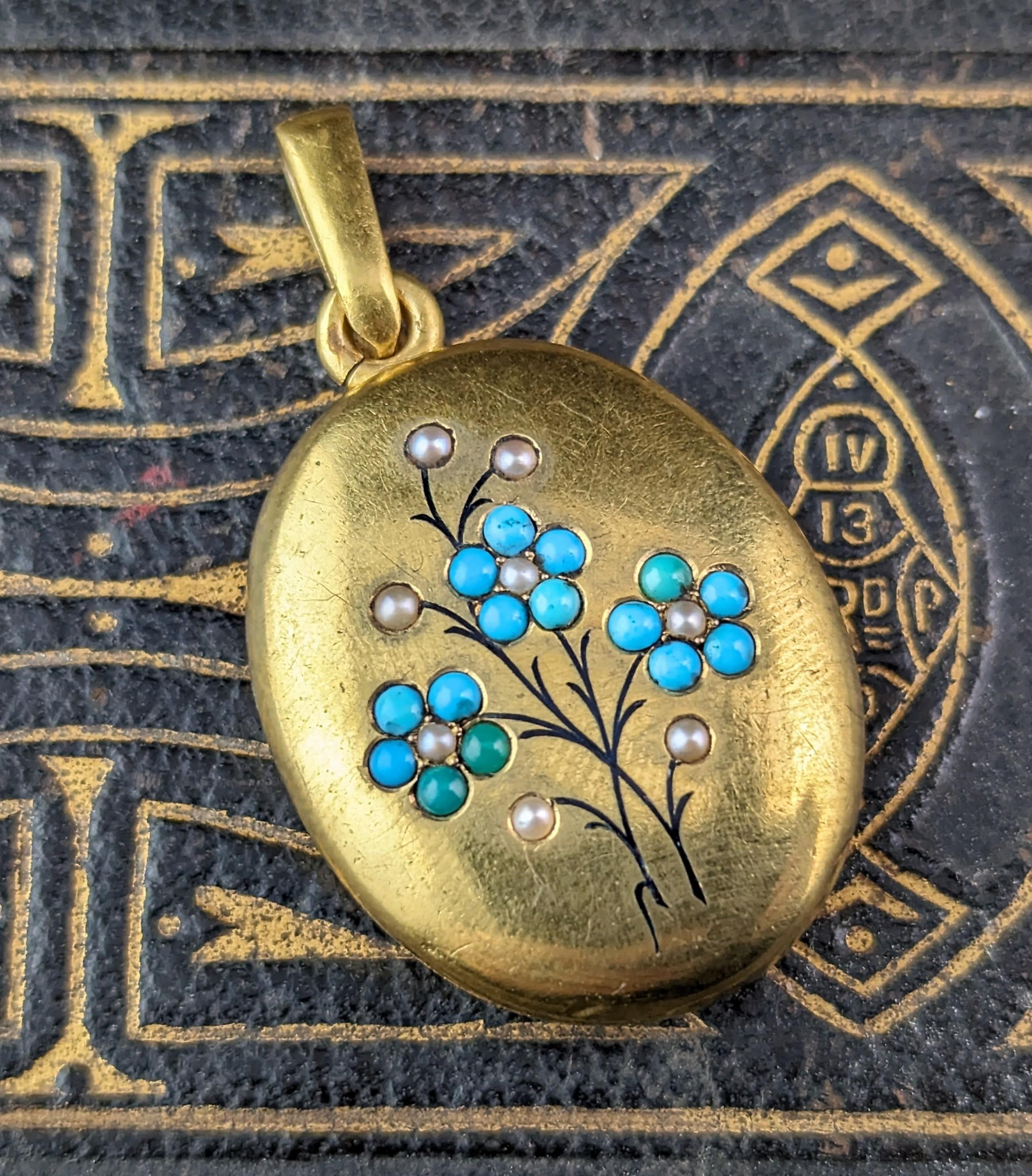 Antique 15k gold Turquoise and Pearl locket, Forget me Not flowers, Victorian  8