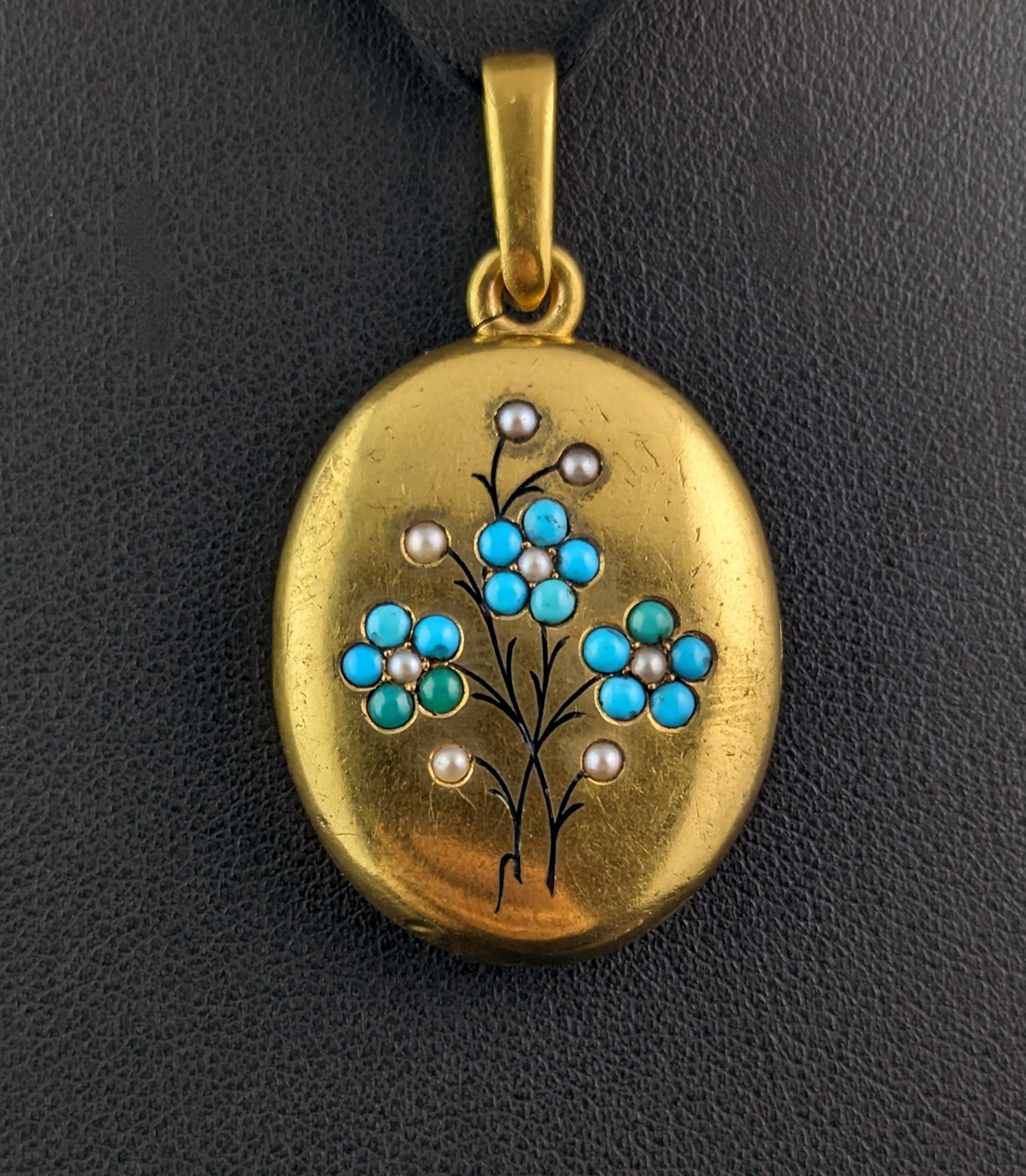 Antique 15k gold Turquoise and Pearl locket, Forget me Not flowers, Victorian  9