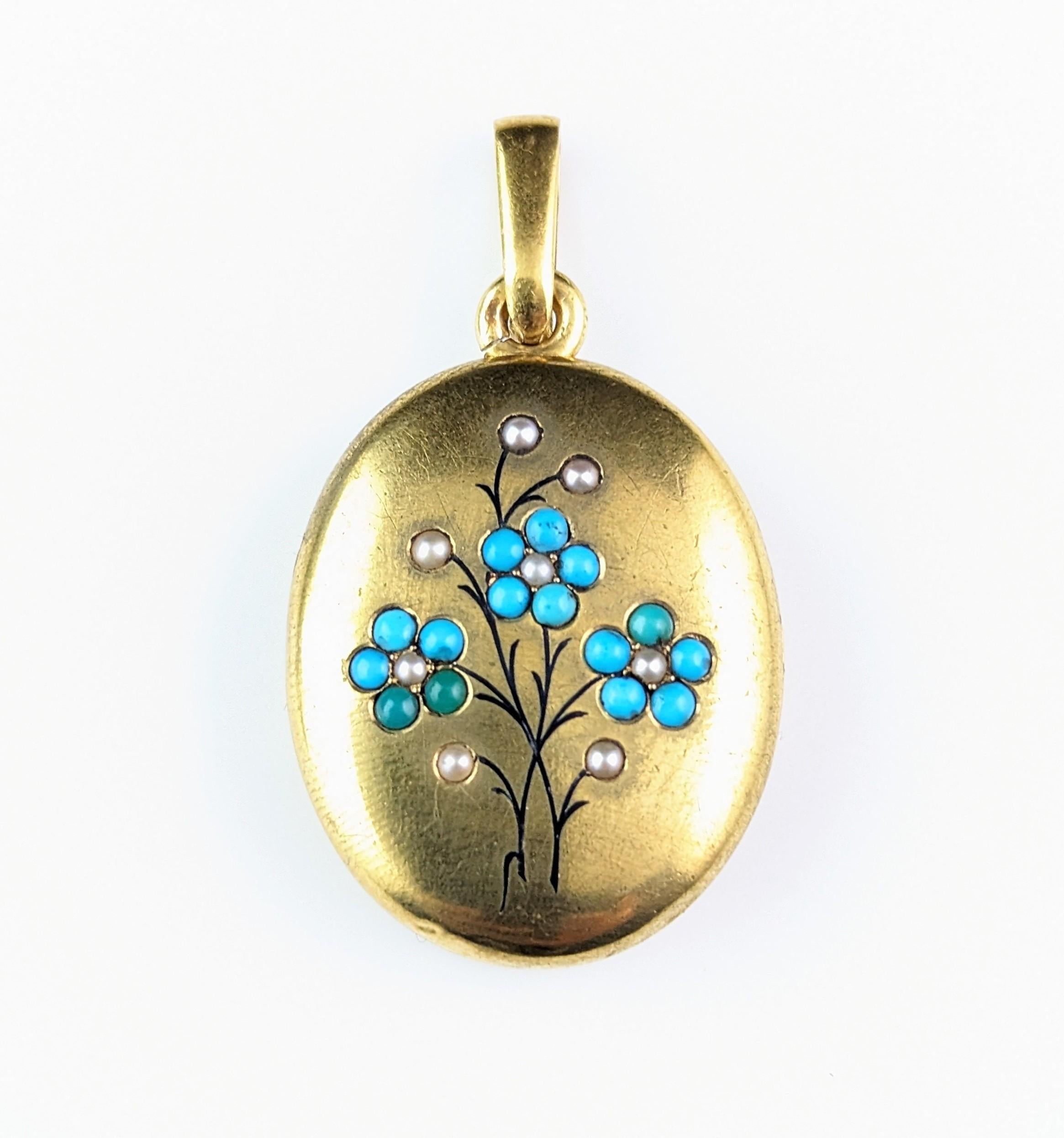 Antique 15k gold Turquoise and Pearl locket, Forget me Not flowers, Victorian  10