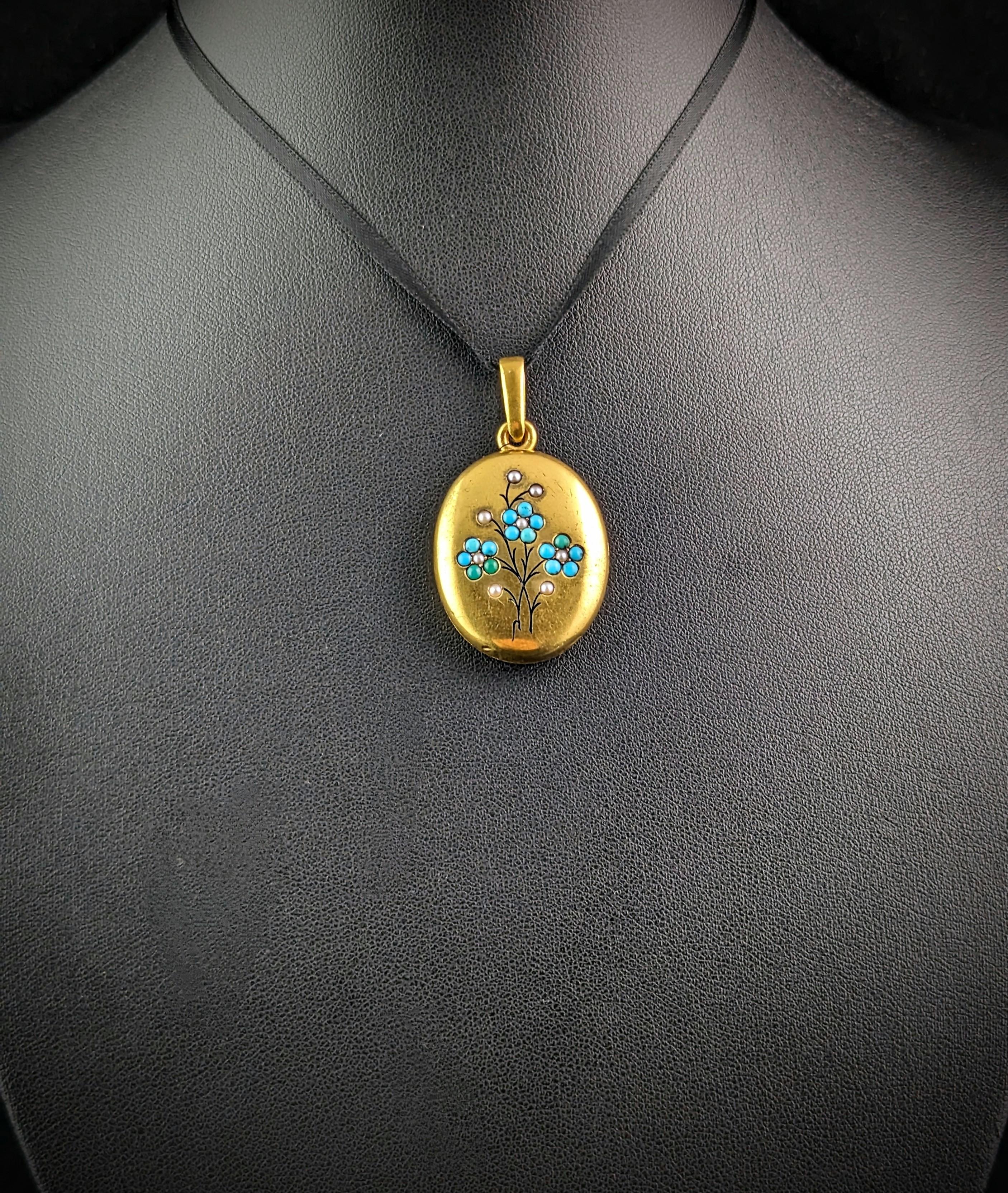 Women's Antique 15k gold Turquoise and Pearl locket, Forget me Not flowers, Victorian 