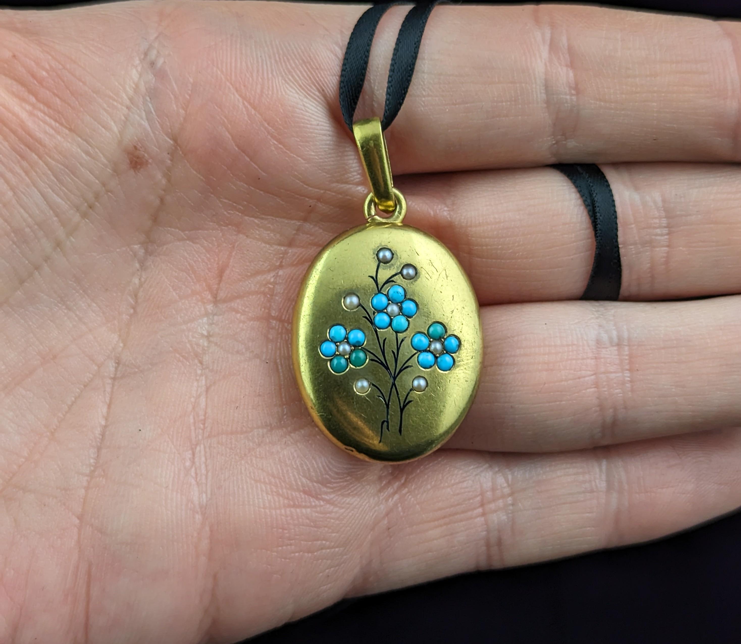 Antique 15k gold Turquoise and Pearl locket, Forget me Not flowers, Victorian  1