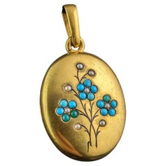 Antique 15k gold Turquoise and Pearl locket, Forget me Not flowers, Victorian 