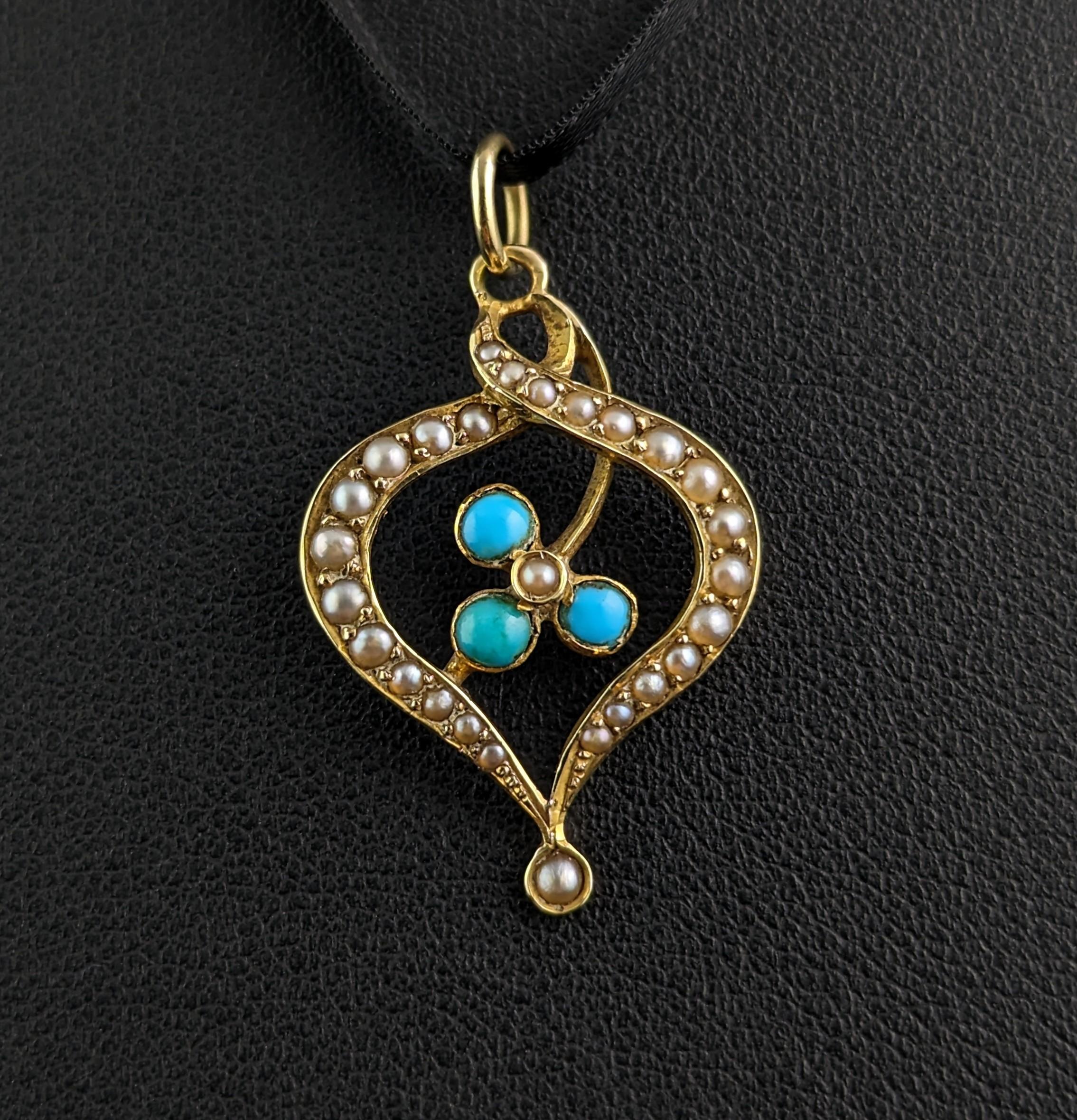 Edwardian Antique 15k gold Turquoise and Pearl shamrock pendant  For Sale